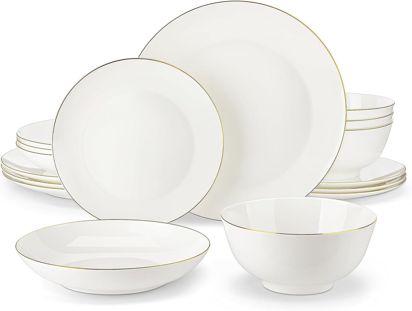 MALACASA Sada jídelního nádobí pro 4 osoby Bone China 16dílná sada nádobí Kulatý bílý se zlatým okrajem Kombinace Sada 4 talířů 4 dezertních talířů 4 talířů Suma a 4 misky na cereálie Řada NORI