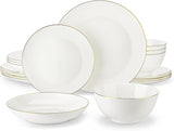 MALACASA Sada jídelního nádobí pro 4 osoby Bone China 16dílná sada nádobí Kulatý bílý se zlatým okrajem Kombinace Sada 4 talířů 4 dezertních talířů 4 talířů Suma a 4 misky na cereálie Řada NORI