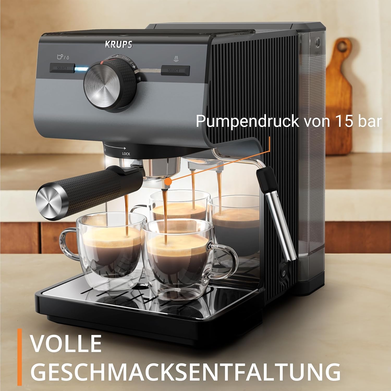 Espresso KRUPS Authentic+, 15 bar, intuitivní ovládání, propracovaný design, parní tryska, včetně rozšířeného příslušenství, Bullet Dark silver/Stainless steel, XP384G10