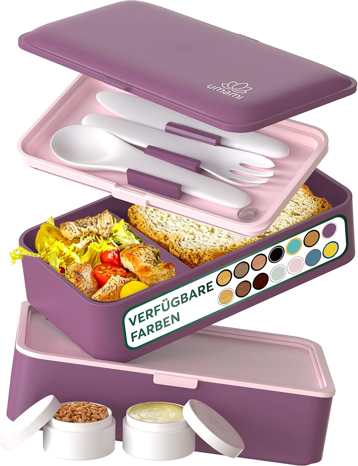Umami Lunch Box pro dospělé, Netěsný stohovatelný Bento Box se 4 příbory a přihrádkami, Box na oběd pro dospělé, To-Go Zásobník na salát, Piknik / Kancelář Lunch Box, Charcoal Grey, 1500 ml