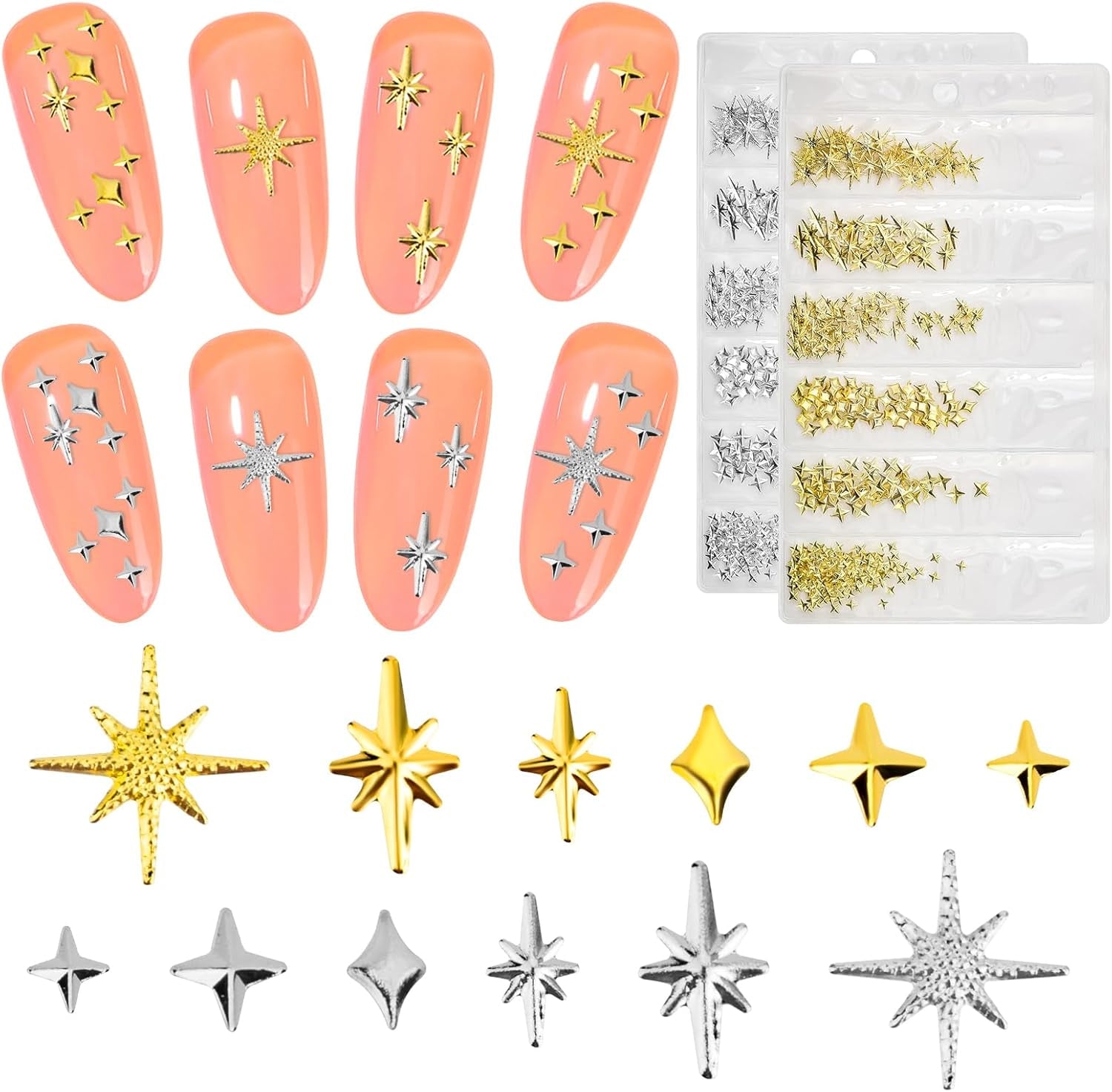 400 Stück Zlatá Stříbrná Stern Charms Nägel, 3D Metall Star Nagelkunst Dekorations, Star Nail Design Gemischt Größe Form Nägel Zubehör