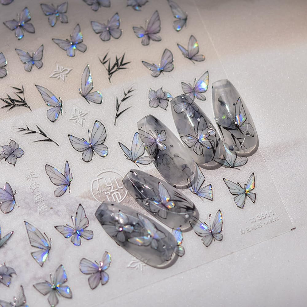 2 Blätter Schmetterling Nálepka na nehty Selbstklebend,Muschel Glitzer Nálepka na nehty Butterfly Lila Grau Schmetterlinge Nagelaufkleber Reliéf Laser Butterflies Nálepka na nehty Nageldesign Zubehör