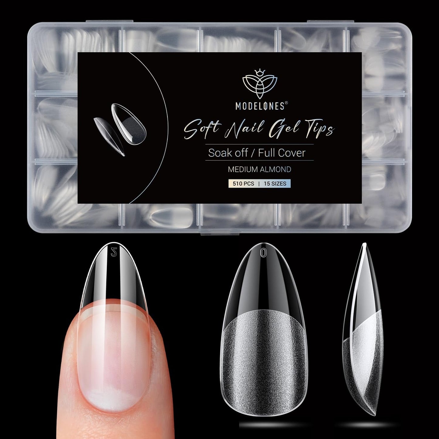 Modelones Nail Tips 510 kusů – sada nehtových špiček s úplným krytem, ​​sada gelových špiček, předleštění špiček na nehty s PMMA pryskyřicí, umělé nehty pro lepení nail art DIY, krátký squoval