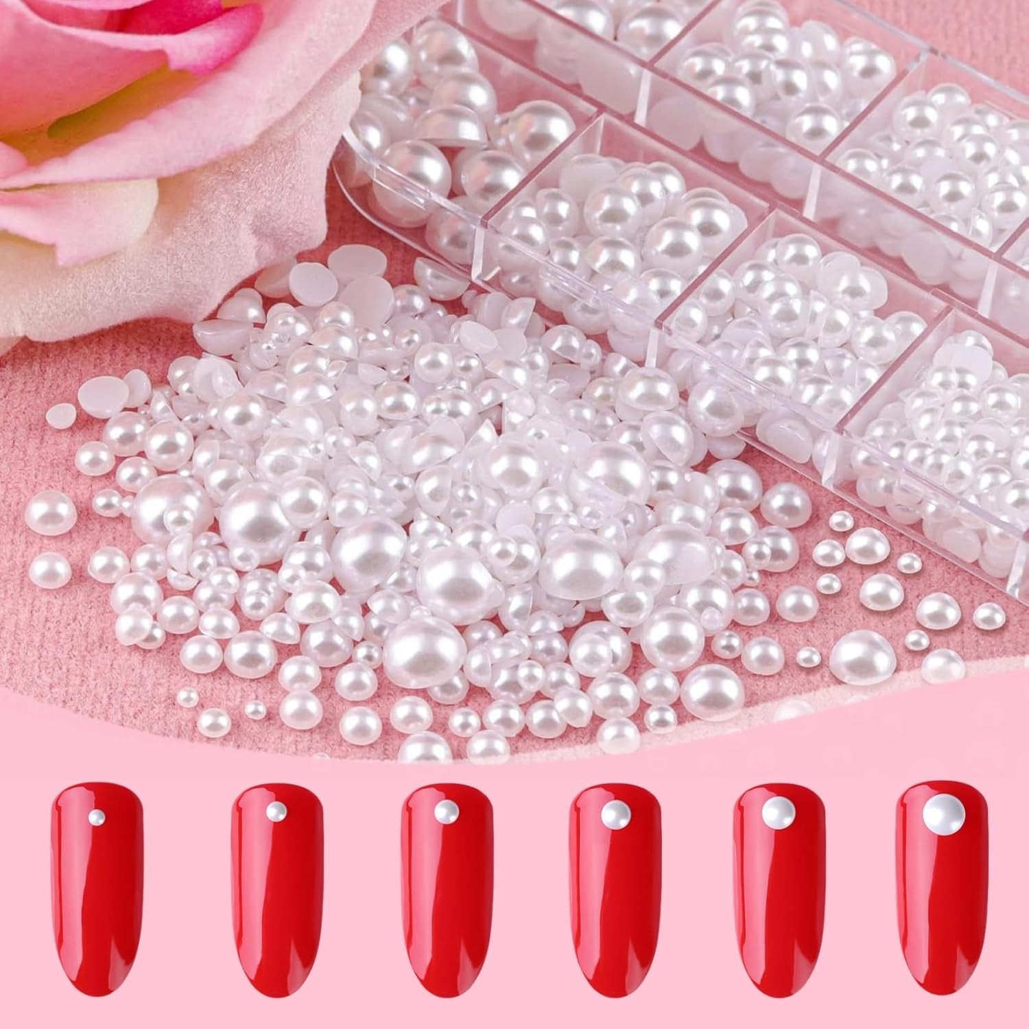 12 Größen Nail Art Perlen, Flache Perlen, Nail Art Accessoires, Halbkreis Nagelperlen, Weiße Nail Charms Und Glitzersteine ​​​​Nägel Für Nail Art Design, DIY Basteln, Alltag, Hochzeit (2 krabičky)