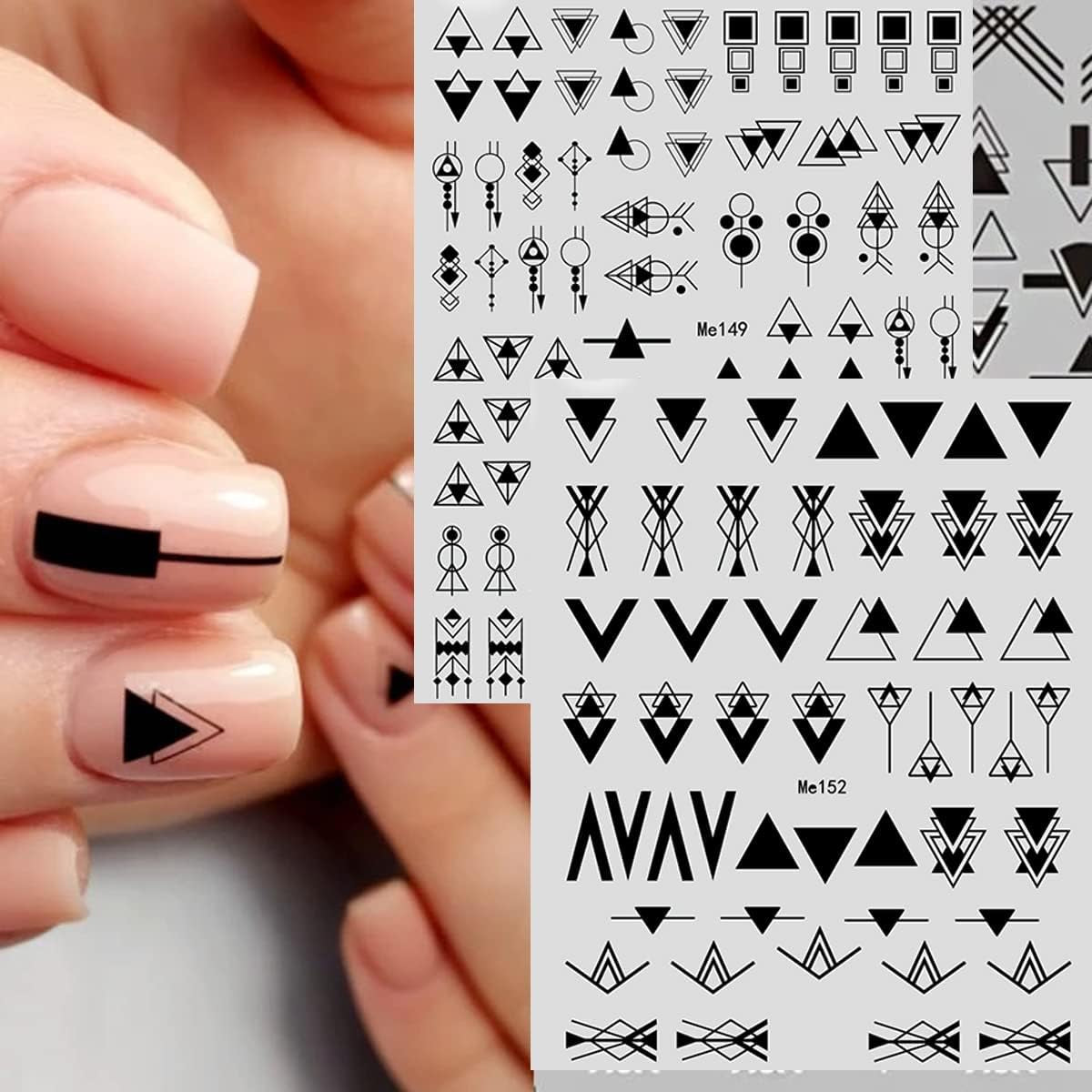 12 Blatt Nagelsticker Geometrisch Nagelaufkleber Selbtklebend Schwarz-Weißes Mysteriöses Dreieck Nail Art Sticker Dekoration Nageldesign Zubehör