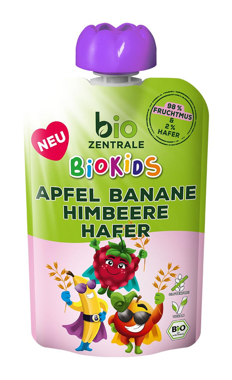 biocentral BioKids Ovocné pyré Jablko Banán Malina Oves | 12 x 90 g | Ovocná svačina bez přidaného cukru | Veganské