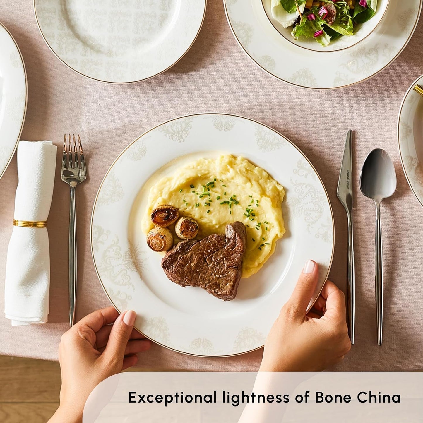 Sada nádobí Karaca Elegance Bone Siena pro 12, sada moderního porcelánového nádobí, sada nádobí s polévkovými miskami, servírovací talíř, hluboké talíře, dezertní talíře – bílé a zlaté