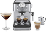 Portafiltrační espresso De'Longhi Classic EM450.M s profesionálním napěňovačem mléka, celokovové pouzdro, 15 bar, nádrž na vodu 1,7 l, nerezová ocel/kov