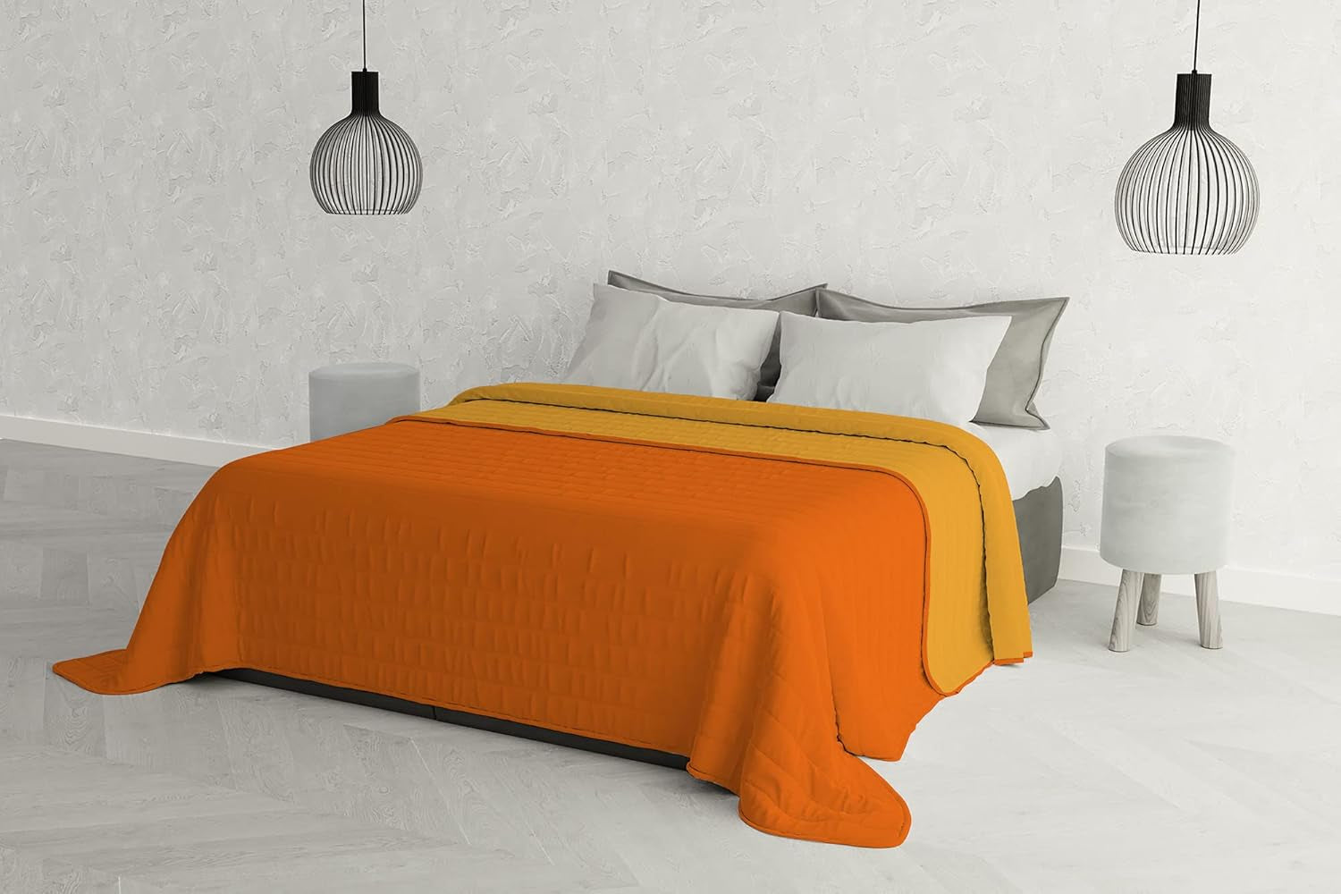 Elegantní přikrývka na dvojlůžko 260 X 270 Cm Tmavě modrá/Jablkově zelená Postele a přikrývky Besuche den Italian Ložní prádlo Arancio/Giallo