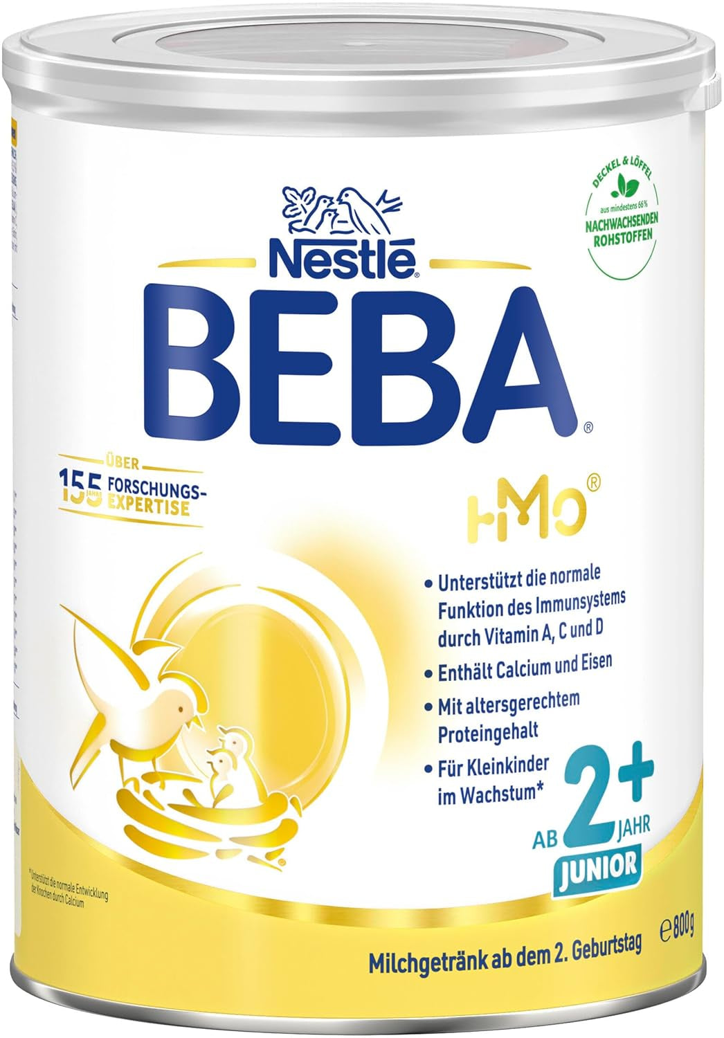 BEBA Junior 2+ mléčný nápoj od 2 let, S HMO, Obsah bílkovin odpovídající věku, Pouze laktóza, Bez palmového oleje, Bez rybího tuku, Výživa pro batolata, Sušené dětské mléko, Balení 3 ks (3 x 800 g)
