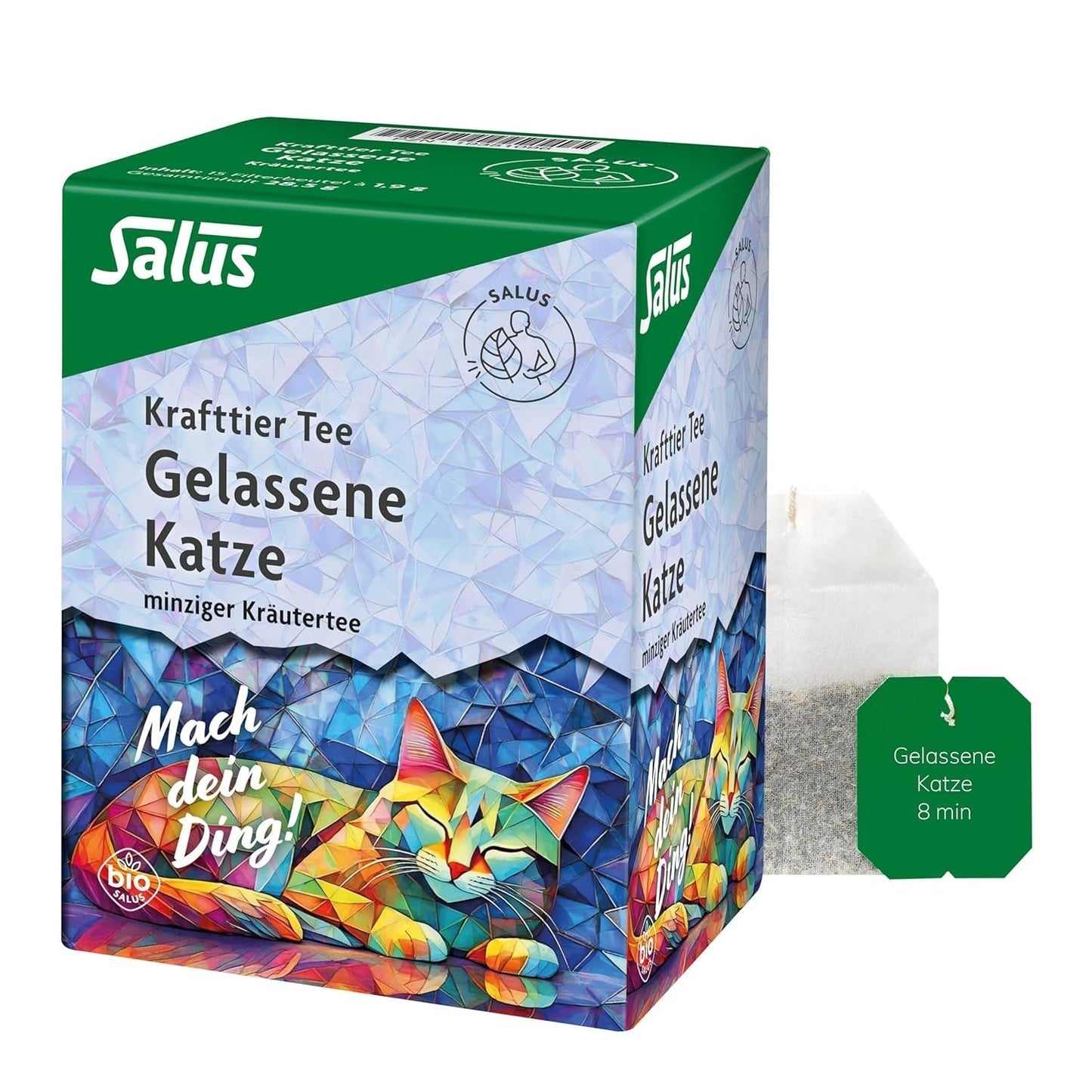 Salus - Čaj Krafttier - The Quiet Cat - 1X 15 filtračních sáčků (28,5 g) - Mátový bylinný čaj s Ashwagandhou - BIO