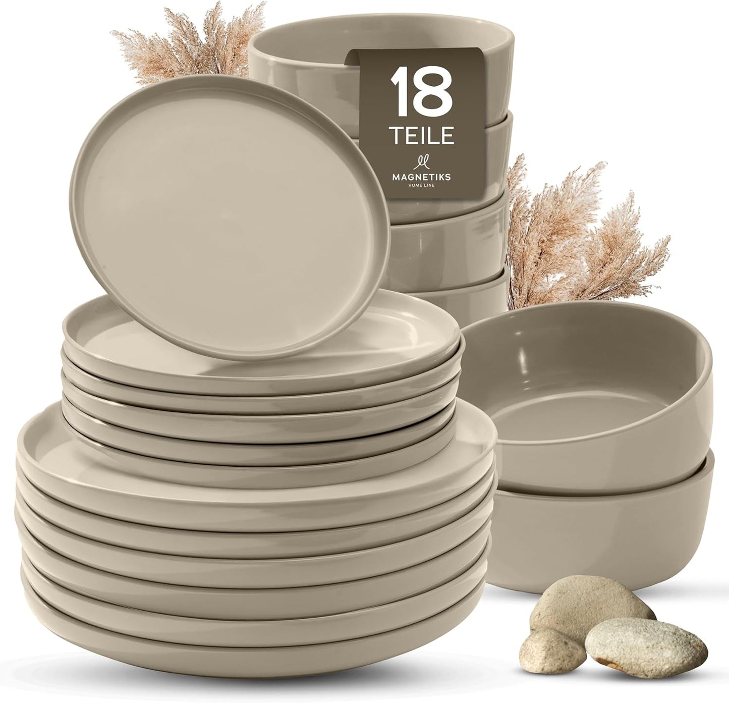Porcelánová kameninová sada nádobí pro 6, 18 kusů – pevnější a odolnější proti poškrábání než kameninové talíře a misky, lesklá béžová | Sada nádobí obsahuje 6 jídelních talířů, 6 dezertních talířů a 6 misek -