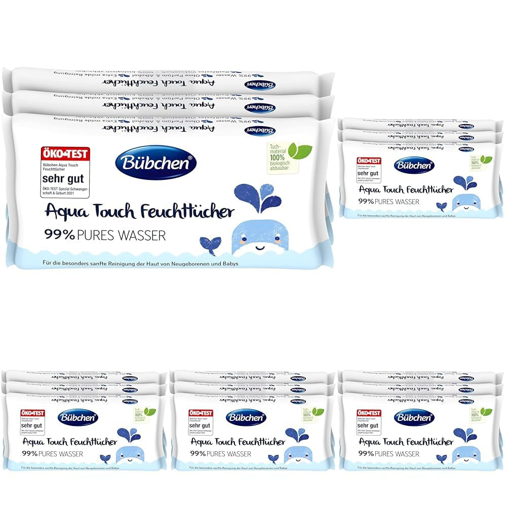Bübchen Aqua Touch Baby vlhčené ubrousky 144 kusů (3 x 48) - Ubrousky pro péči o citlivou pokožku s 99% čistou vodou, vlhčené ubrousky pro novorozence a děti