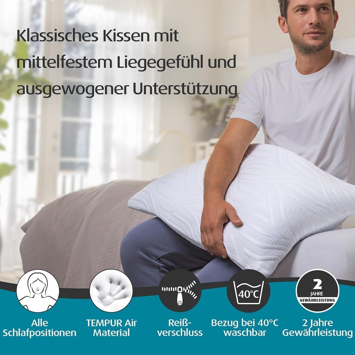 TEMPUR Comfort Air Medium polštář na spaní, Prodyšný polštář pro každou polohu spánku, OEKO-TEX MADE in GREEN, střední tvrdost, standardní polštáře Naty Shop 40 x 80 cm