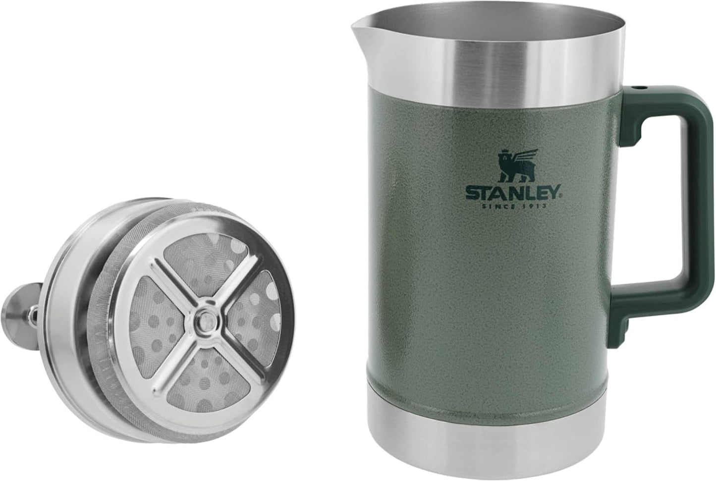 STANLEY Classic Stay Hot Coffee Press 1,4L Hammertone Green - Udrží kávu horkou po dobu 4 hodin - Minimální sediment - Integrovaný lis na kávu z nerezové oceli - Bez BPA - Vhodné do myčky