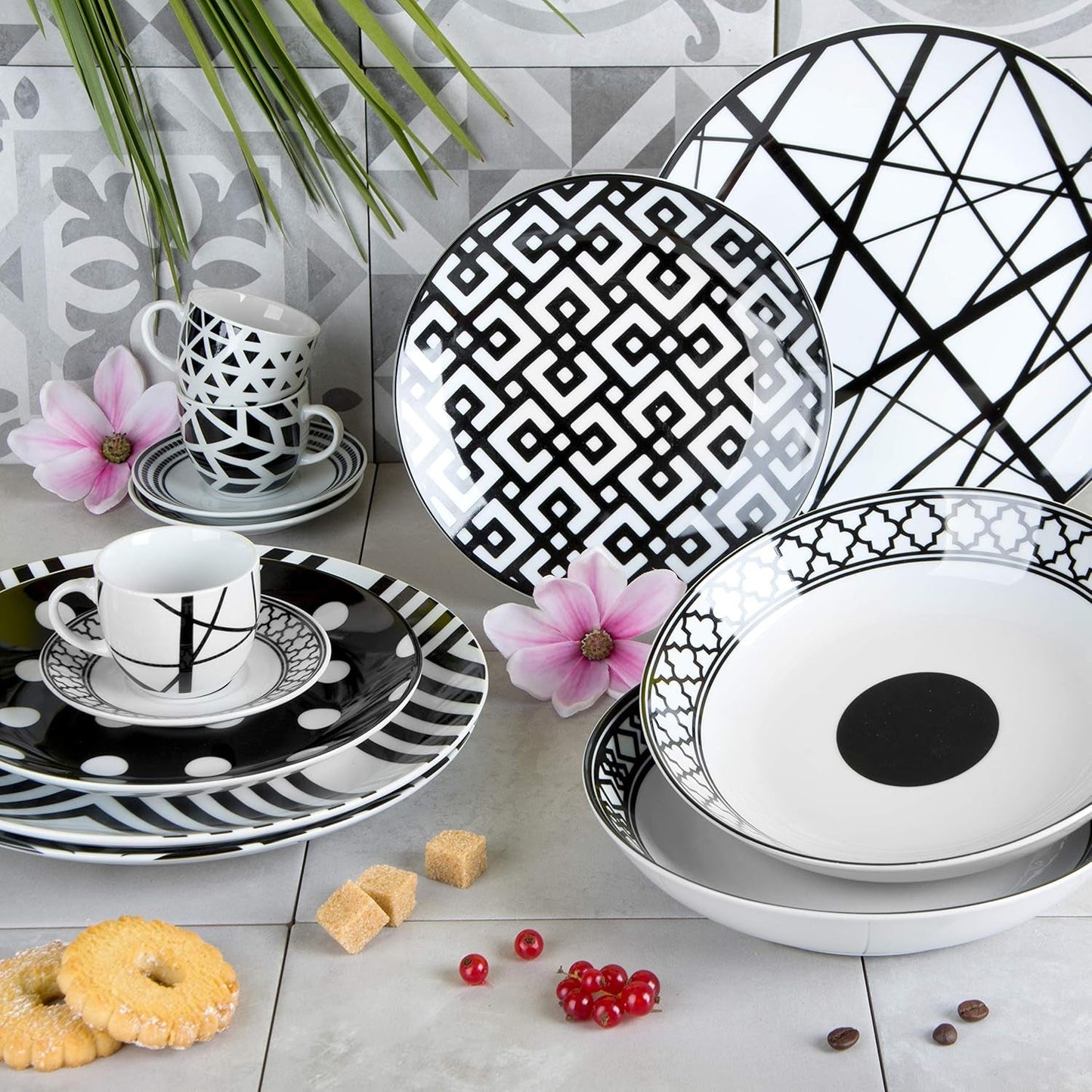 Sada nádobí Excelsa Emily, porcelán, bílá/černá, 18 kusů