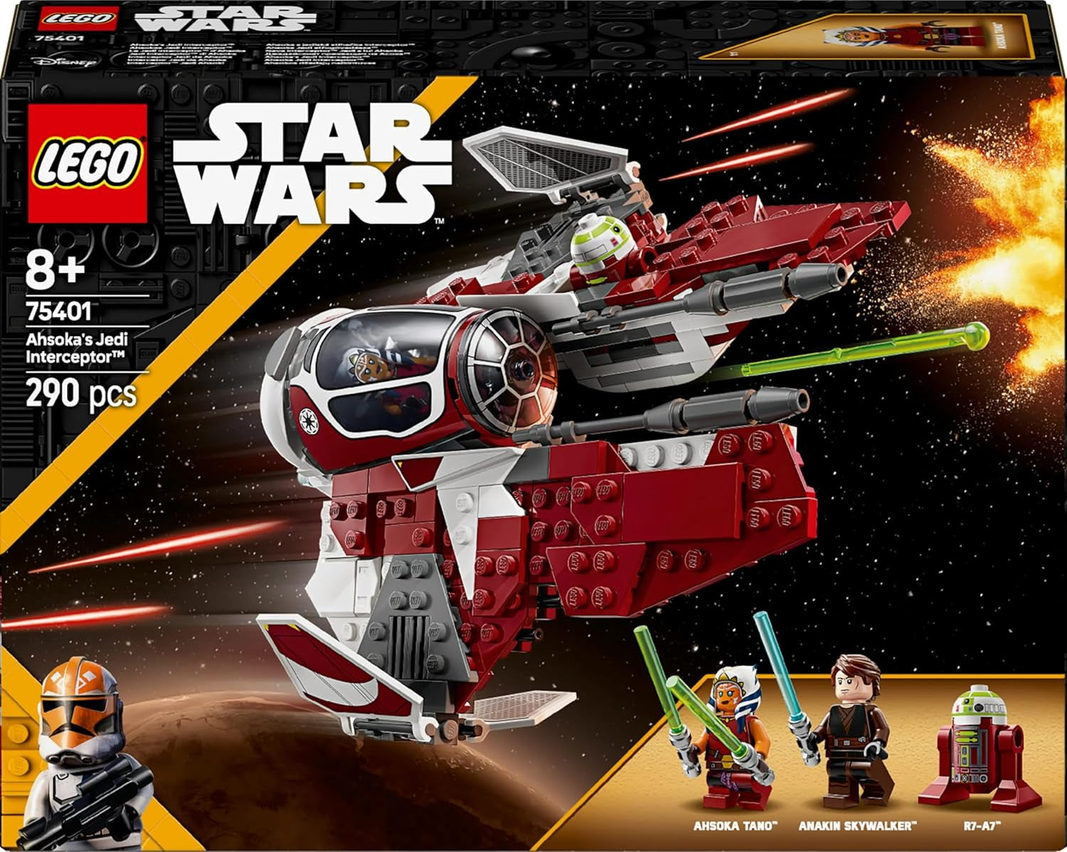 LEGO Star Wars 75401 Ahsoka's Jedi Interceptor, Starfighter pro fanoušky Clone Wars, Minifigurky Ahsoka Tano a Anakin Skywalker se světelnými meči a R7-A7, pro chlapce a dívky od 8 let Stavebnice Beuche den LEGO-Store