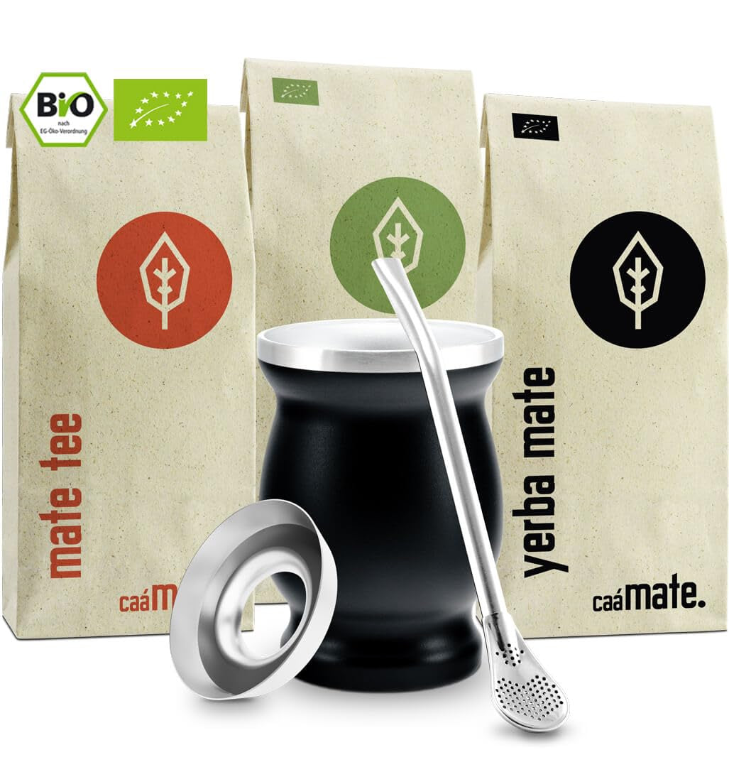 Čajová sada Mate Bio ● 3 sortimenty Mate + Dvoustěnný hrnek Mate z nerezové oceli + Bombilla + Návod na vaření (černý)
