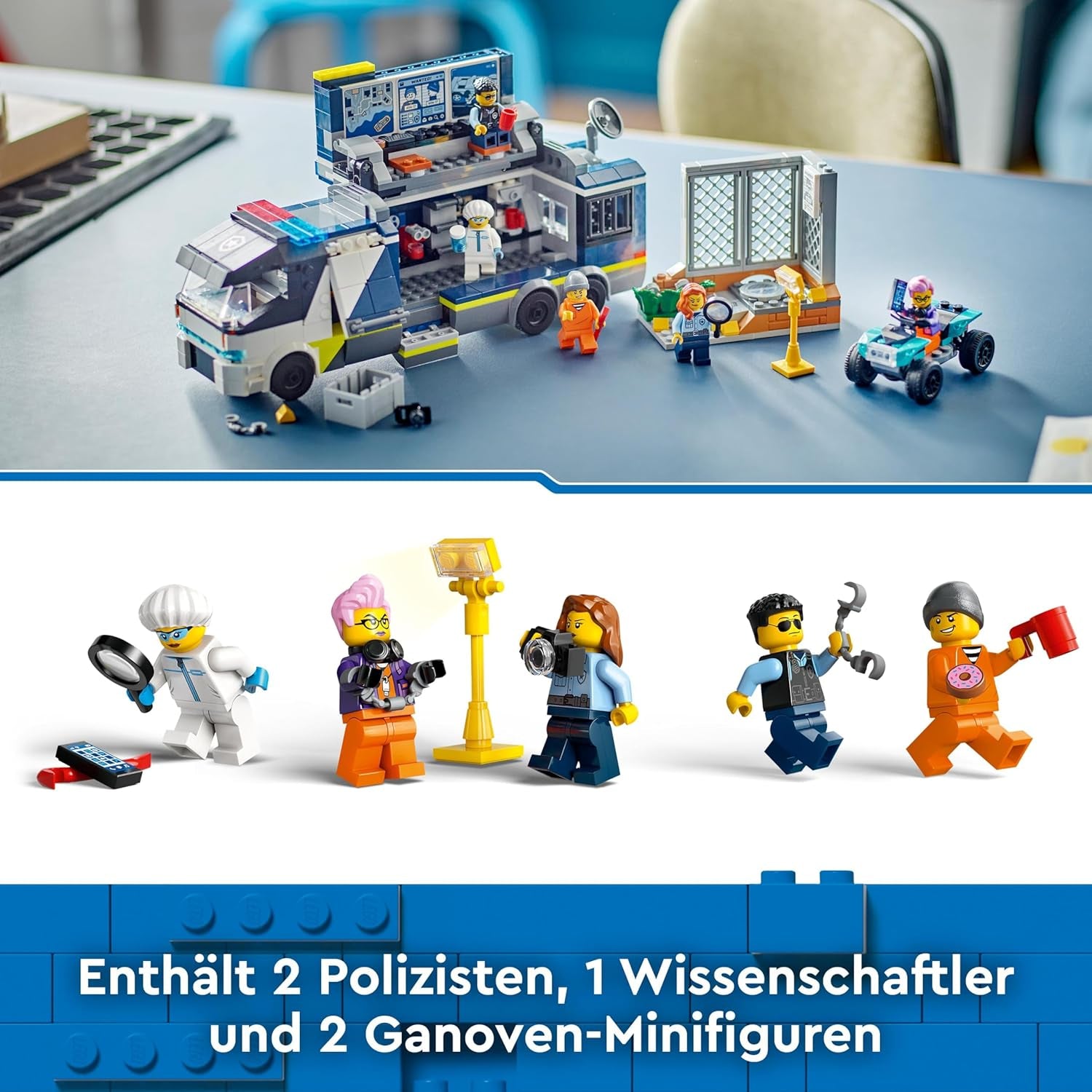 Policejní náklaďák LEGO City s laboratoří, policejní čtyřkolkou a náklaďákem pro děti, dárek pro chlapce a dívky od 7 let, navíc 5 minifigurek – 2 policisté, 1 vědec a 2 podvodníci 60418 Stavebnice Beuche den LEGO-Store