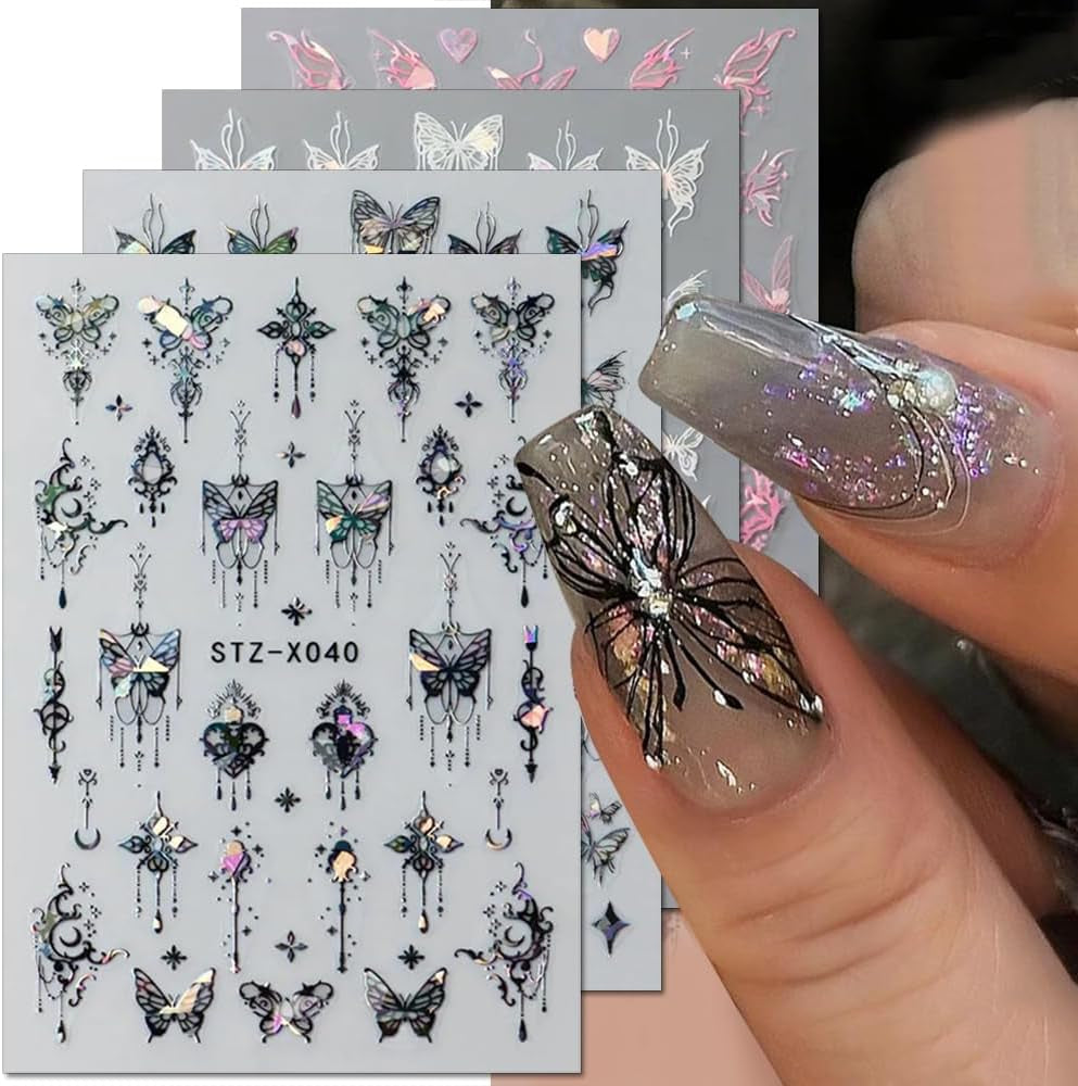 3D kovová samolepka na nehty Schwarz Schmetterling - Laser Pink Aurora Nagelaufkleber - Punk Butterfly Nail Art Stickers - Stříbrná samolepka na nehty - Nageldesign Zubehör