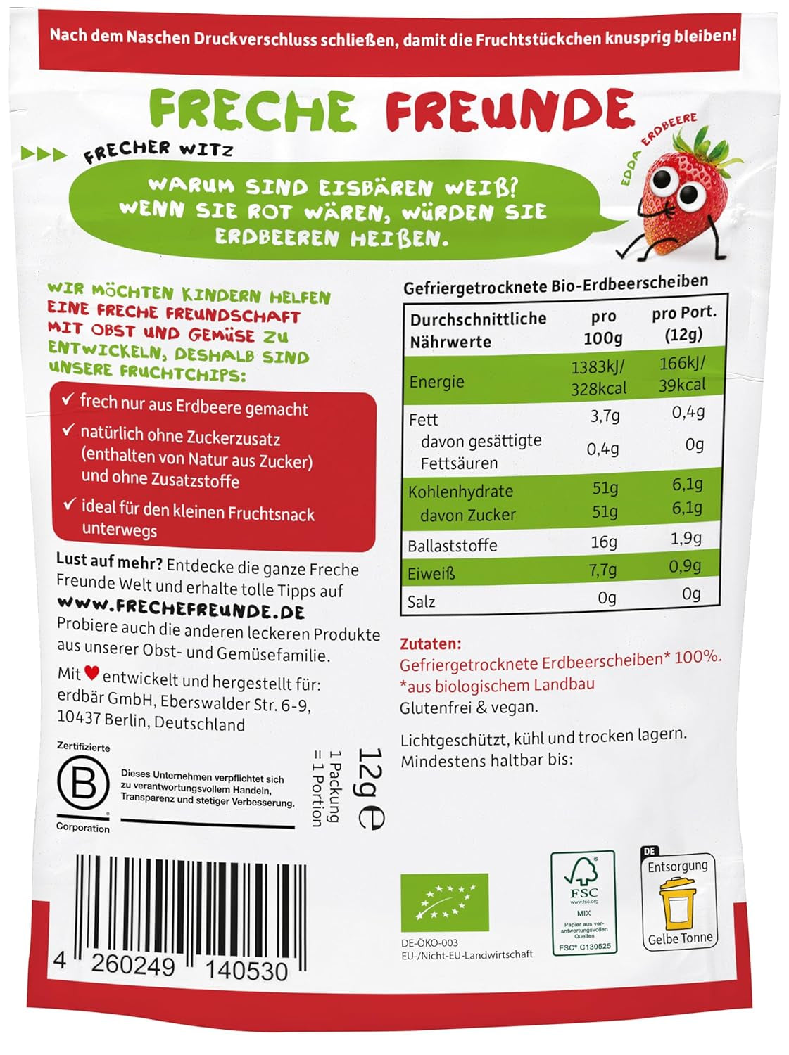 FRECHE FREUNDE Bio jahodové chipsy, mrazem sušené ovocné chipsy, přírodní sušené ovoce nakrájené bez přidaného cukru, veganské, bez laktózy, bez lepku, balení 12 ks (12 x 12 g)