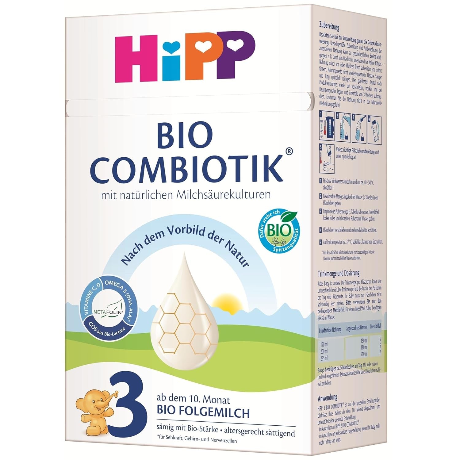 HiPP 3 Bio Combiotik (4 x 600g), pokračovací mléko od 10 měsíců, s přírodními kulturami kyseliny mléčné, vitamíny C a D, GOS, Omega-3 (DHA, ALA), nejlepší bio kvality