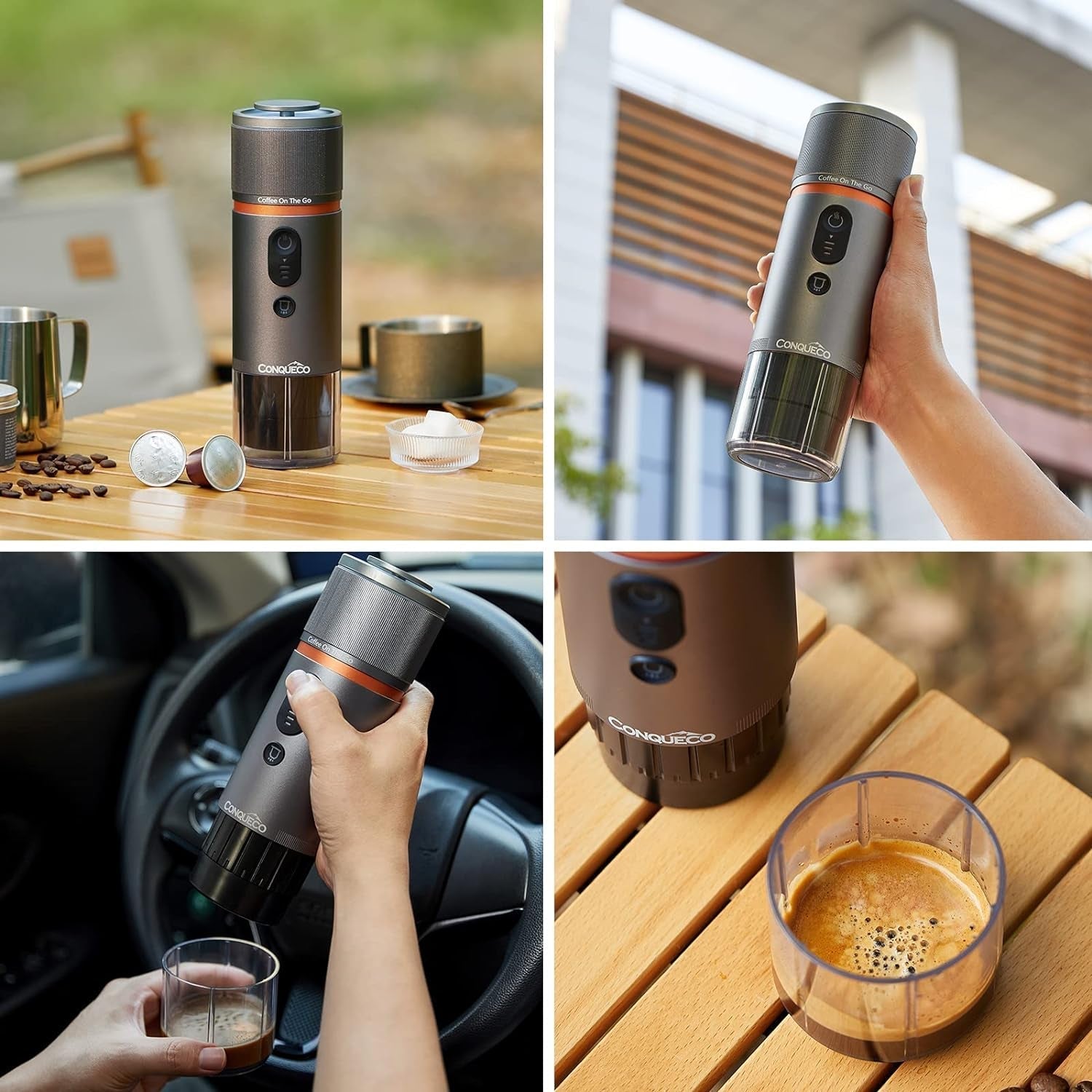 CONQUECO 12V espresso do auta: Přenosný espresso kávovar s baterií pro kempování a cestování – rychlé zahřátí za 2,5 minuty – 8 šálků espressa na jedno nabití