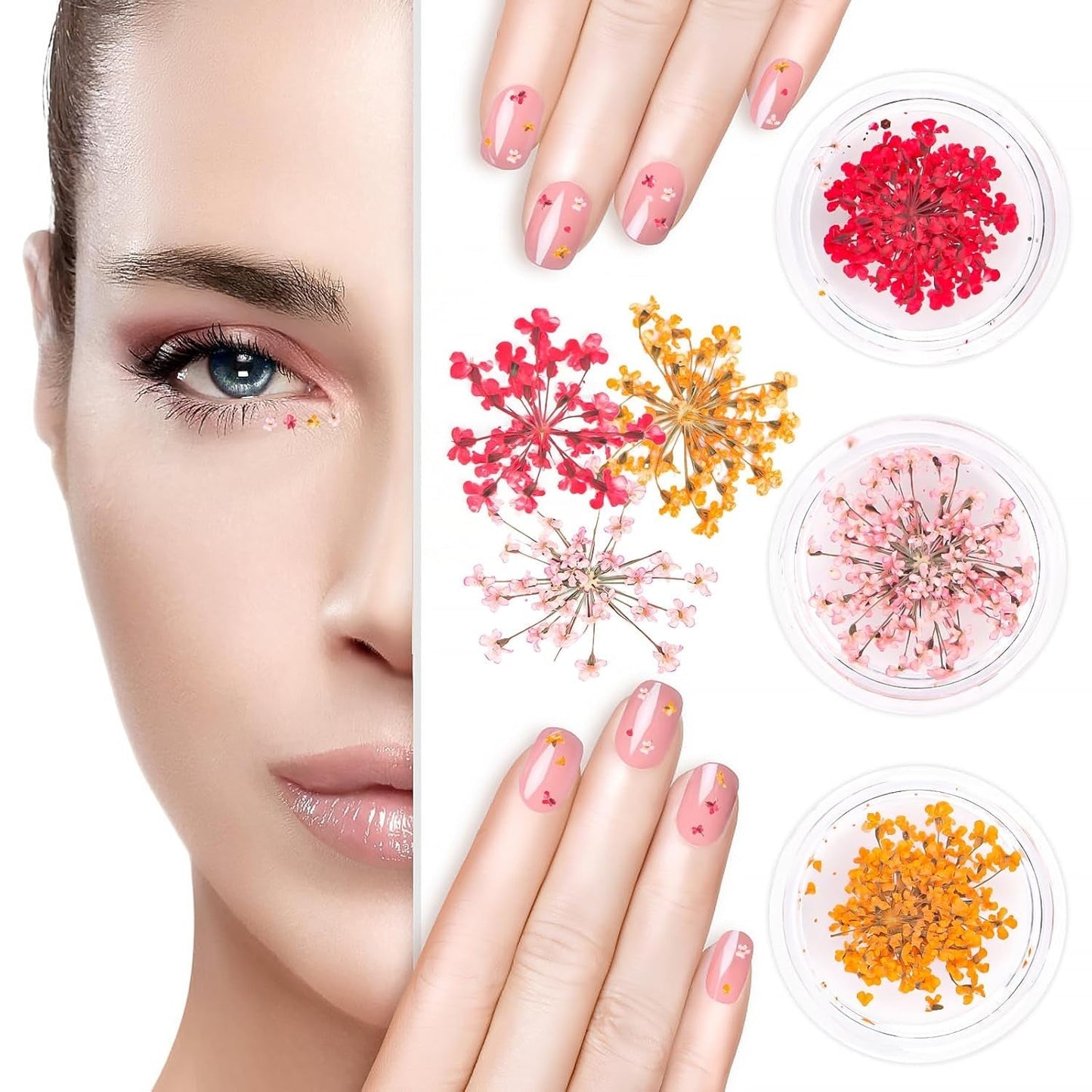 Nail Art Flower Set Decoration - Gelnägel Zubehör 3 Farben (oranžová, Blassrosa, Rose), Nail Art Aufkleber Trockene Blumen Kit Getrocknete Blumen Zubehör Set DIY Nageldekoration