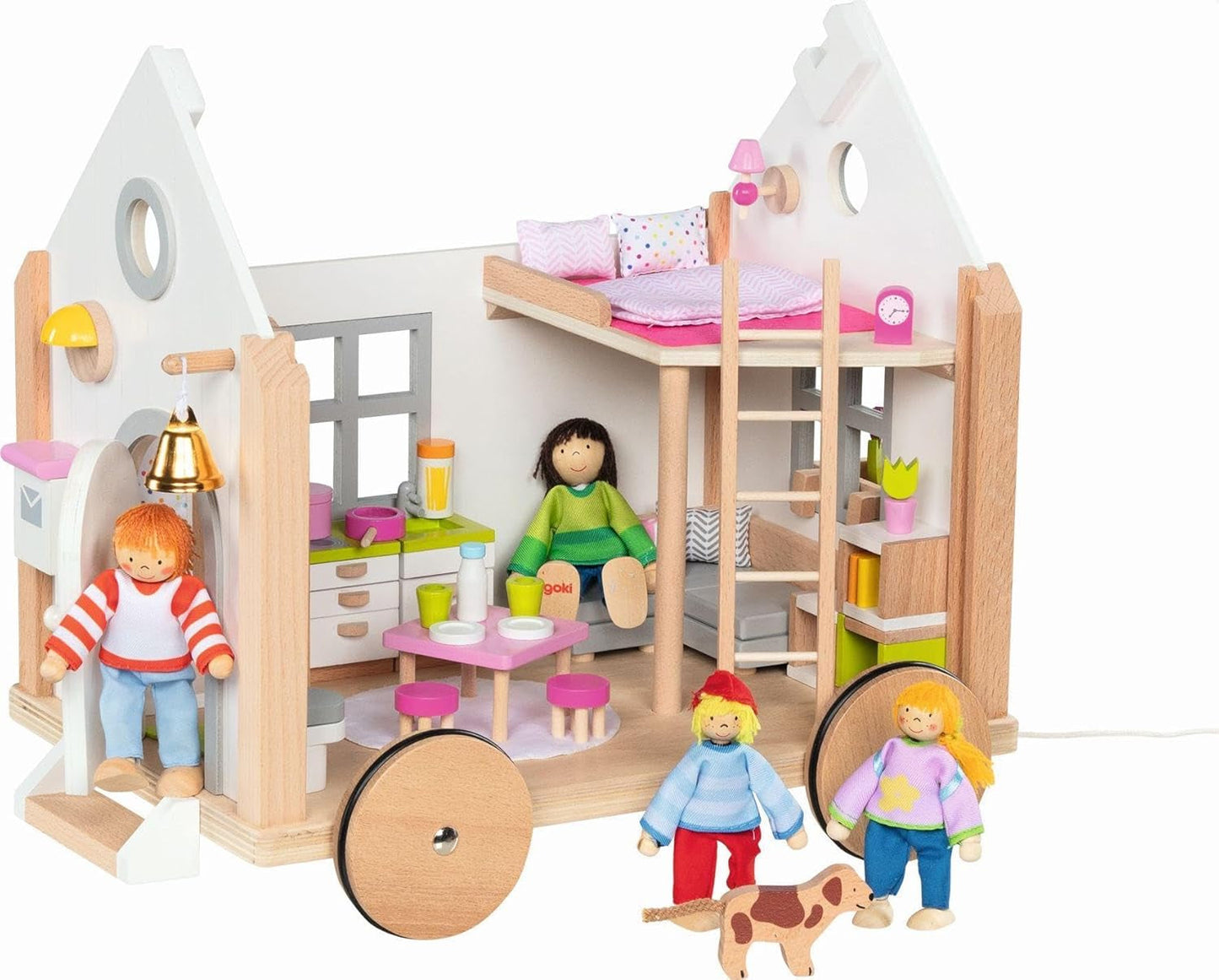Goki 51477 - Malý Hygge dřevěný a textilní domeček pro mini panenky, pojízdný domeček pro panenky ve skandinávském stylu, 38 cm x 27 cm x 33 cm, sada 40 let, domečky pro panenky od 3 let Naty Shop