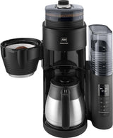 Melitta AromaFresh Therm Pro X - Espresso kávovar s filtrem, integrovaným mlýnkem, vyjímatelnou nádržkou na vodu, nerezovou termokarafou a funkcí časovače, až na 8 šálků kávy, černá/stříbrná