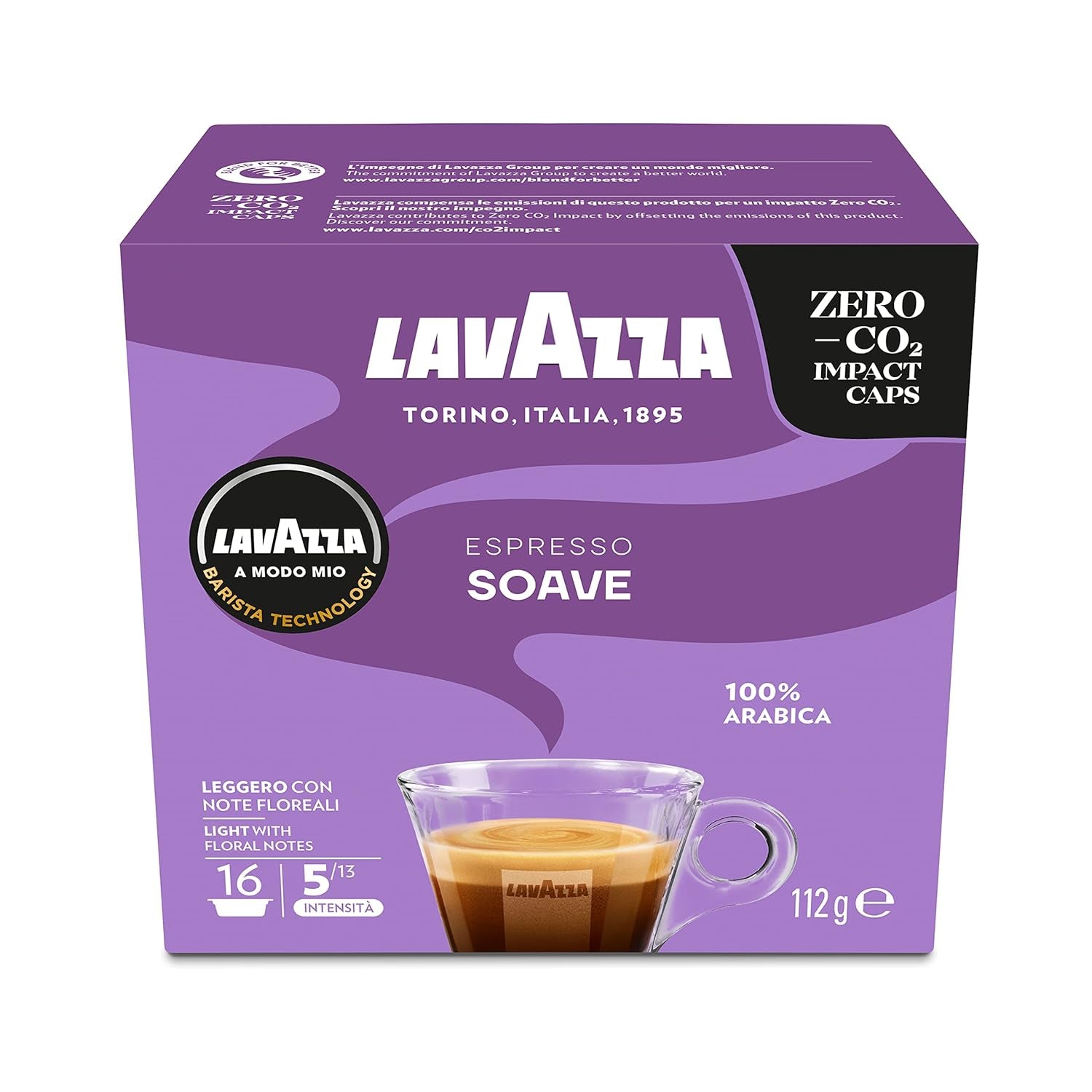Lavazza, A Modo Mio Soave 256 Kaffeekapseln, für einen leichten und eleganten Espresso s aromaticschen Noten von Blumen, 100% Arabica, Intensität 5/13, medium Röstung, 16 Packungen mit je 16