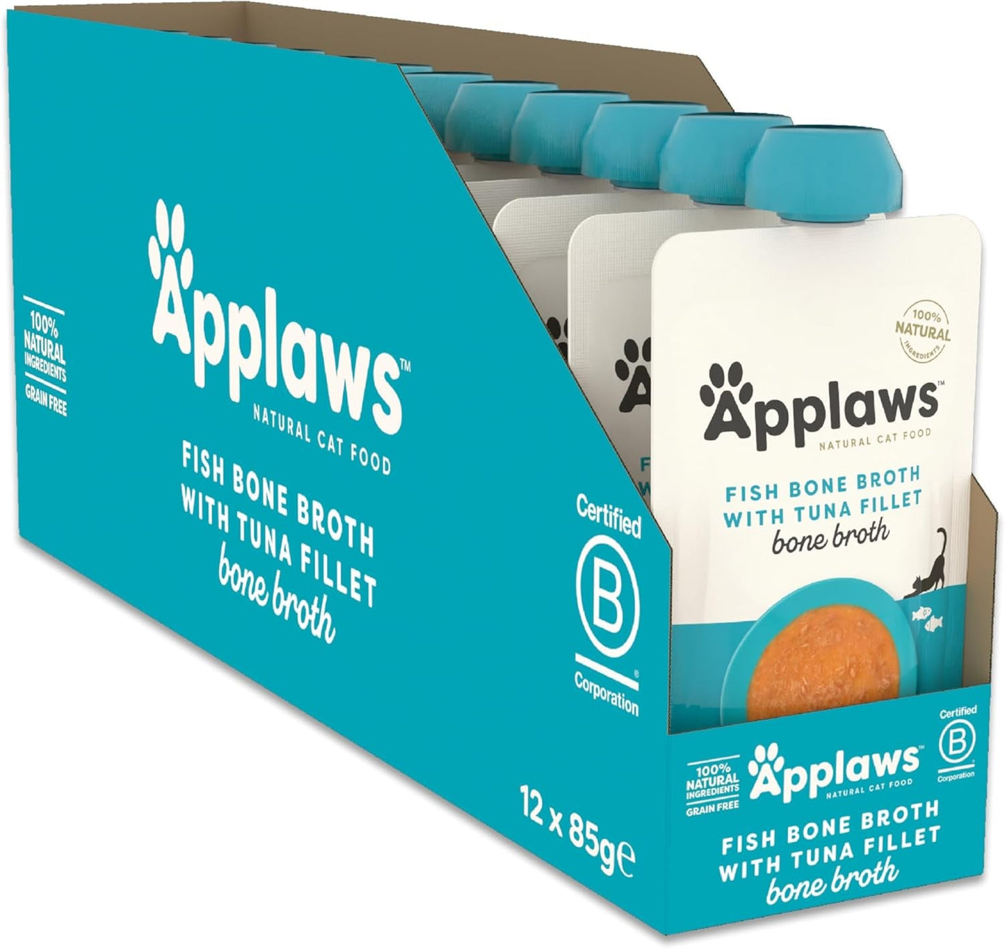 Applaws 100% přírodní mokré krmivo pro kočky – polévka z rybích kostí s tuňákem, 12 filtračních sáčků x 85 g