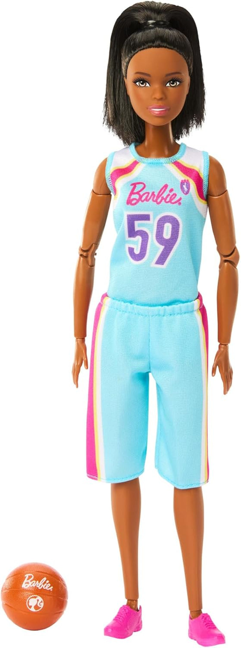 Barbie Made to Move Panenka a doplňky, bruneta basketbalistka s odnímatelnými sportovními šaty a míčem, 22 kloubů, HKT74