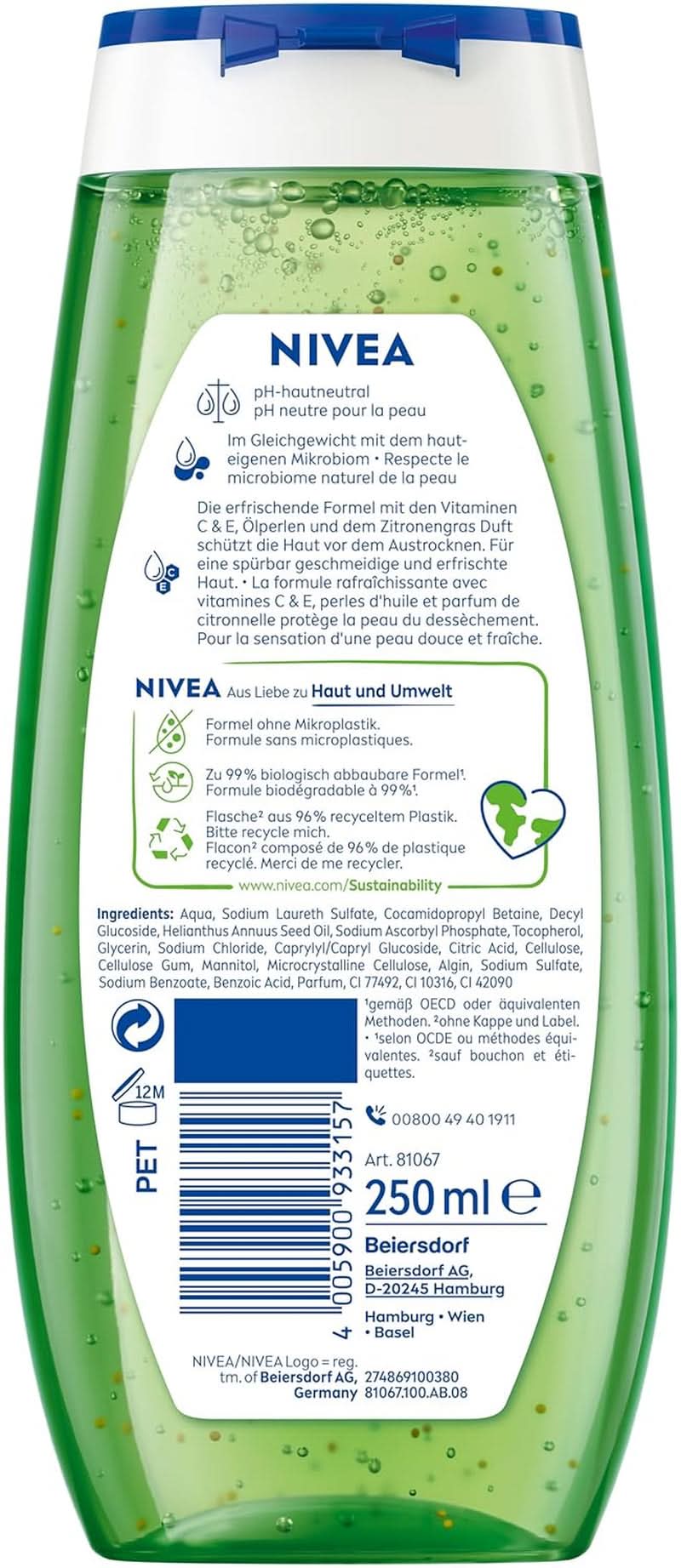NIVEA Sprchový gel Lemon Grass And Oil, 250 ml Sprcha a koupel Naty Shop