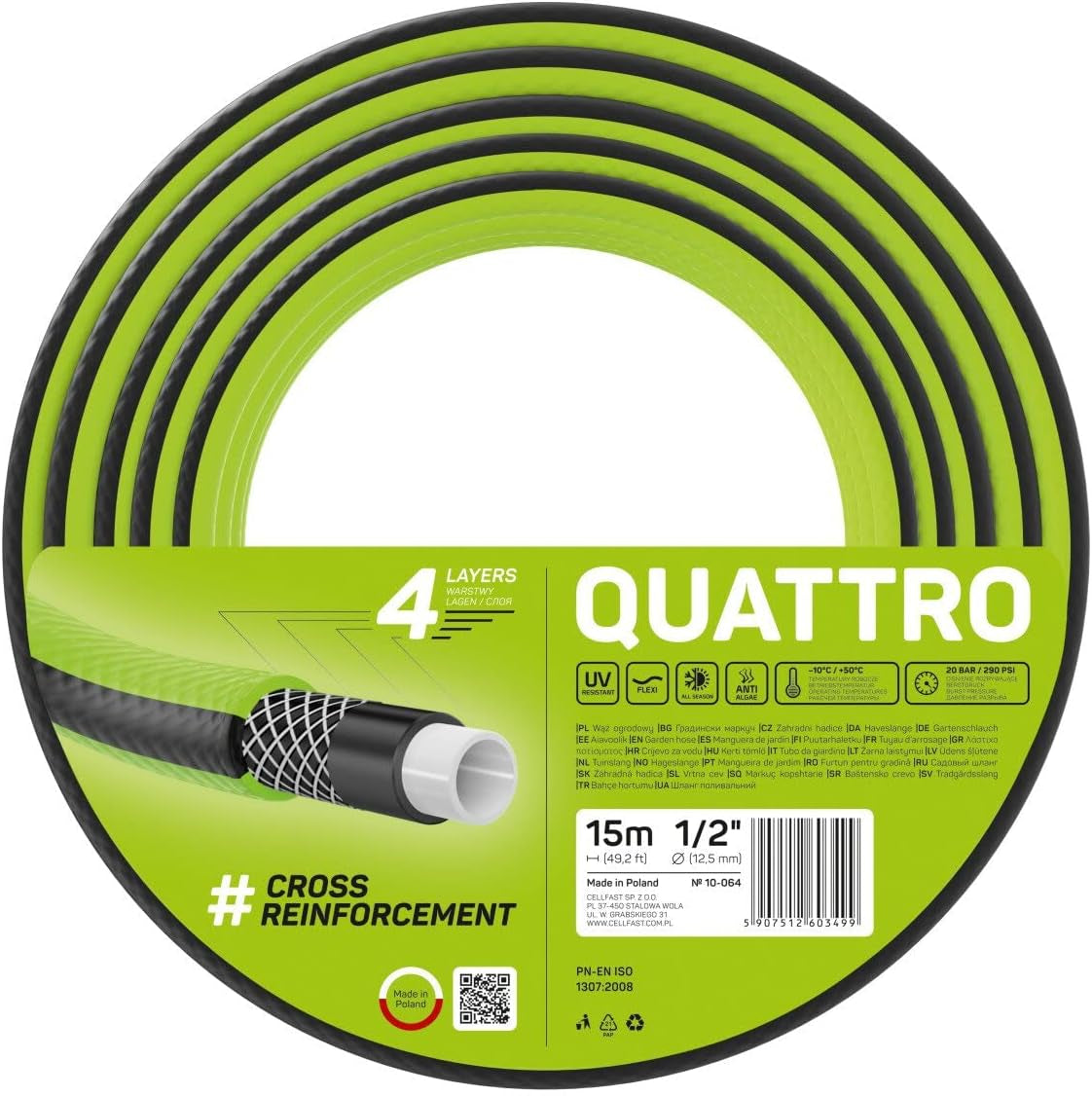 Zahradní hadice Cellfast QUATTRO, odolná, lehká, 4vrstvá, UV odolná, drátěná hadice, křížový oplet, 20 barů, 1/2" 15m, 10-064