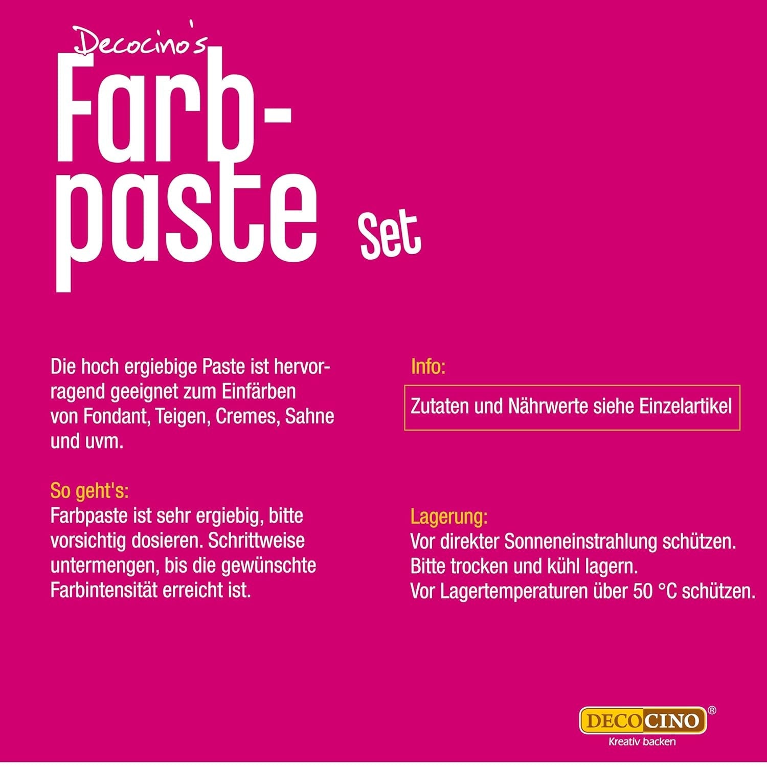 Sada 6 barevných past Decocino - 6 x 20 g - Potravinářské barvivo v červené, růžové, zelené, žluté, modré a černé barvě, ideální pro barvení dortů, fondánu a krémů - Bez azo a bez lepku