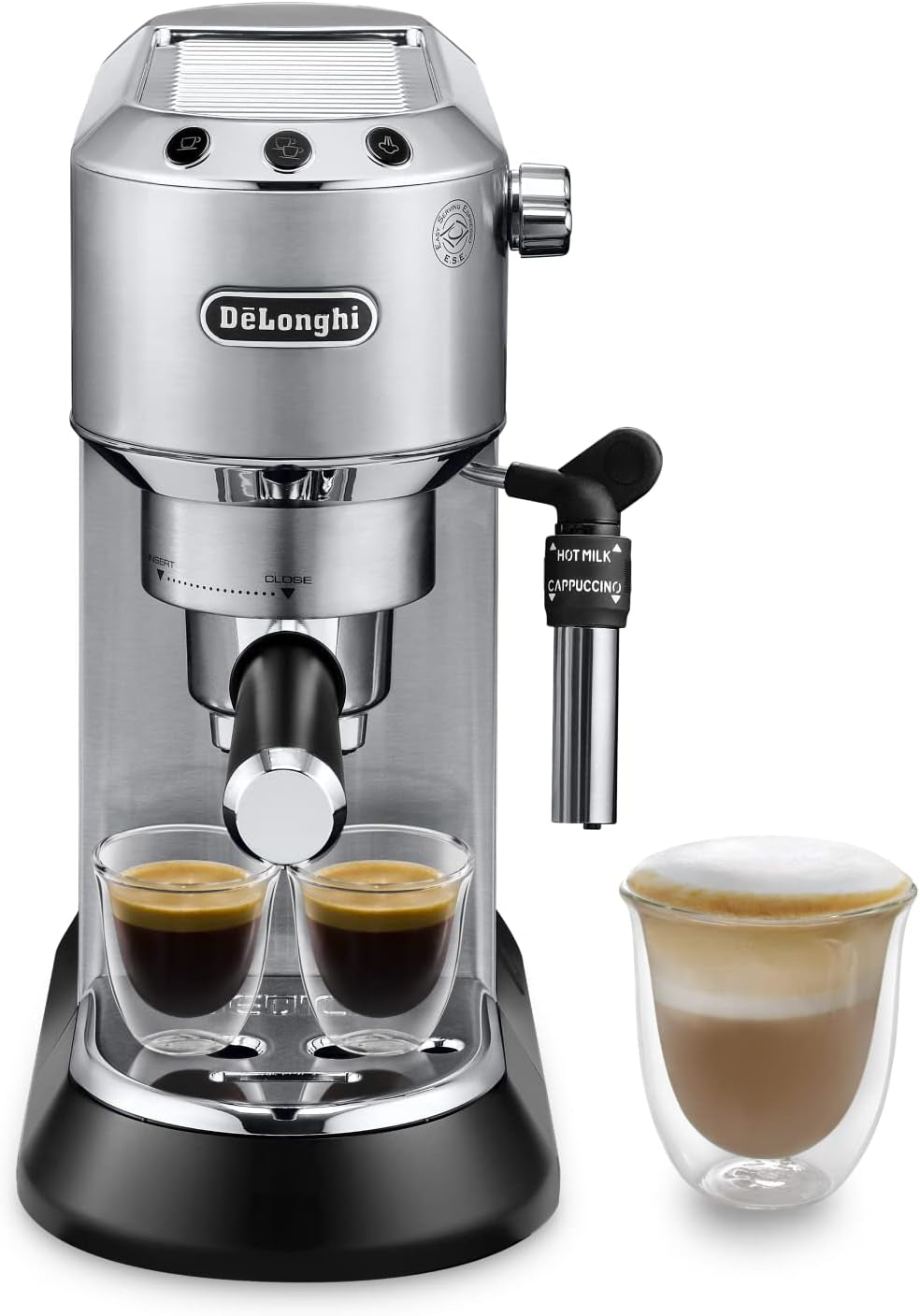De'Longhi Dedica Style EC 685.B – Espresso kávovar s portafiltrem, espresso kávovar s profesionálním napěňovačem mléka, šířka pouze 15 cm, na mletou kávu nebo kapsle ESE, nádrž na vodu 1 l, černá