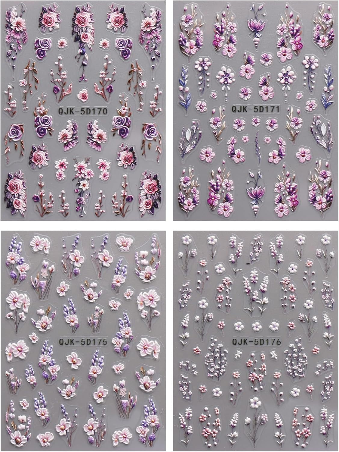 JMEOWIO 3D Nálepka na nehty Blumen Nálepka na nehty Selbstklebend Nagelaufkleber 5D Stereoskopické jarní letní dekorace Nageldesign Zubehör 4 Blatt