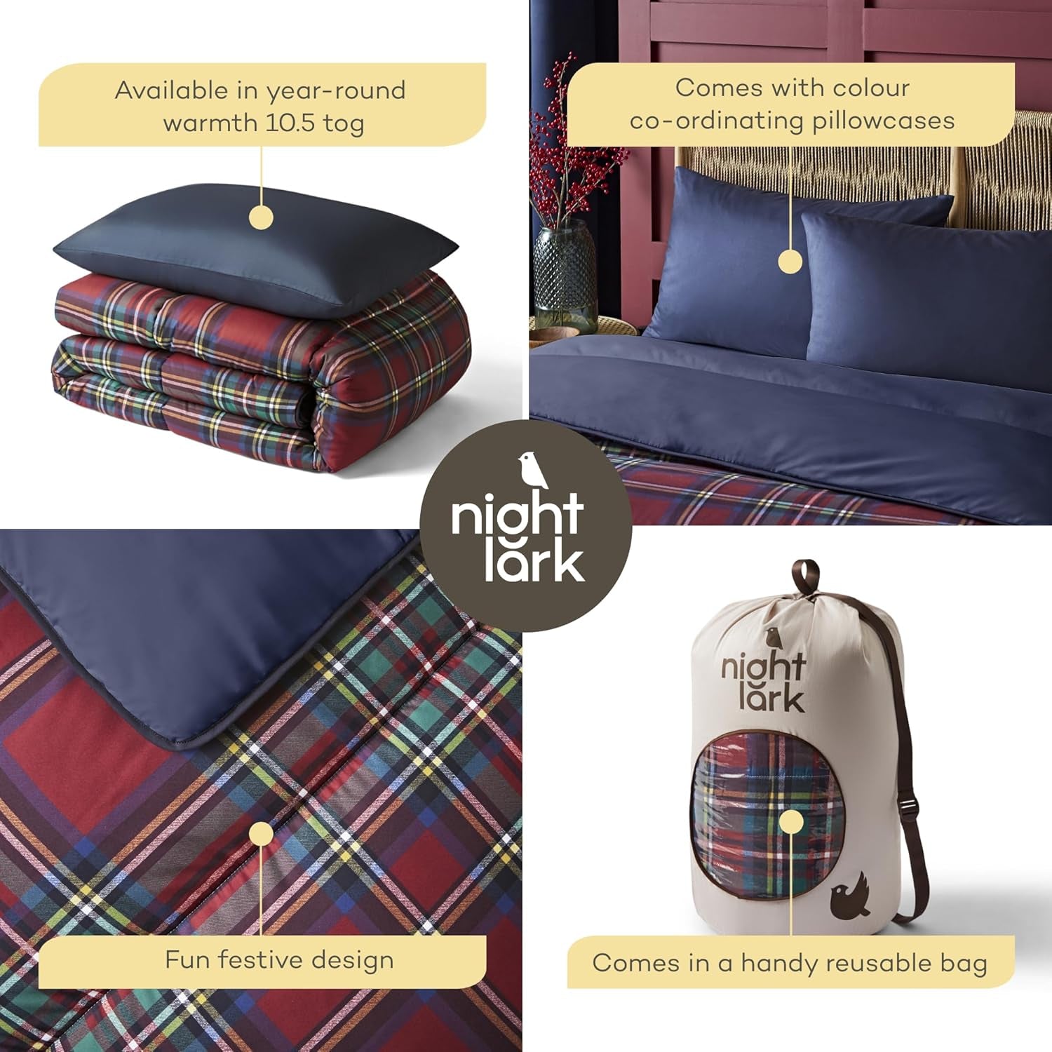 Sada přikrývek a povlaků na polštář Night Lark, 10,5 kousku, jeden, klasický červený tartan, luxusní povlečení, hypoalergenní, peřiny a přikrývky, které lze prát v pračce Naty Shop