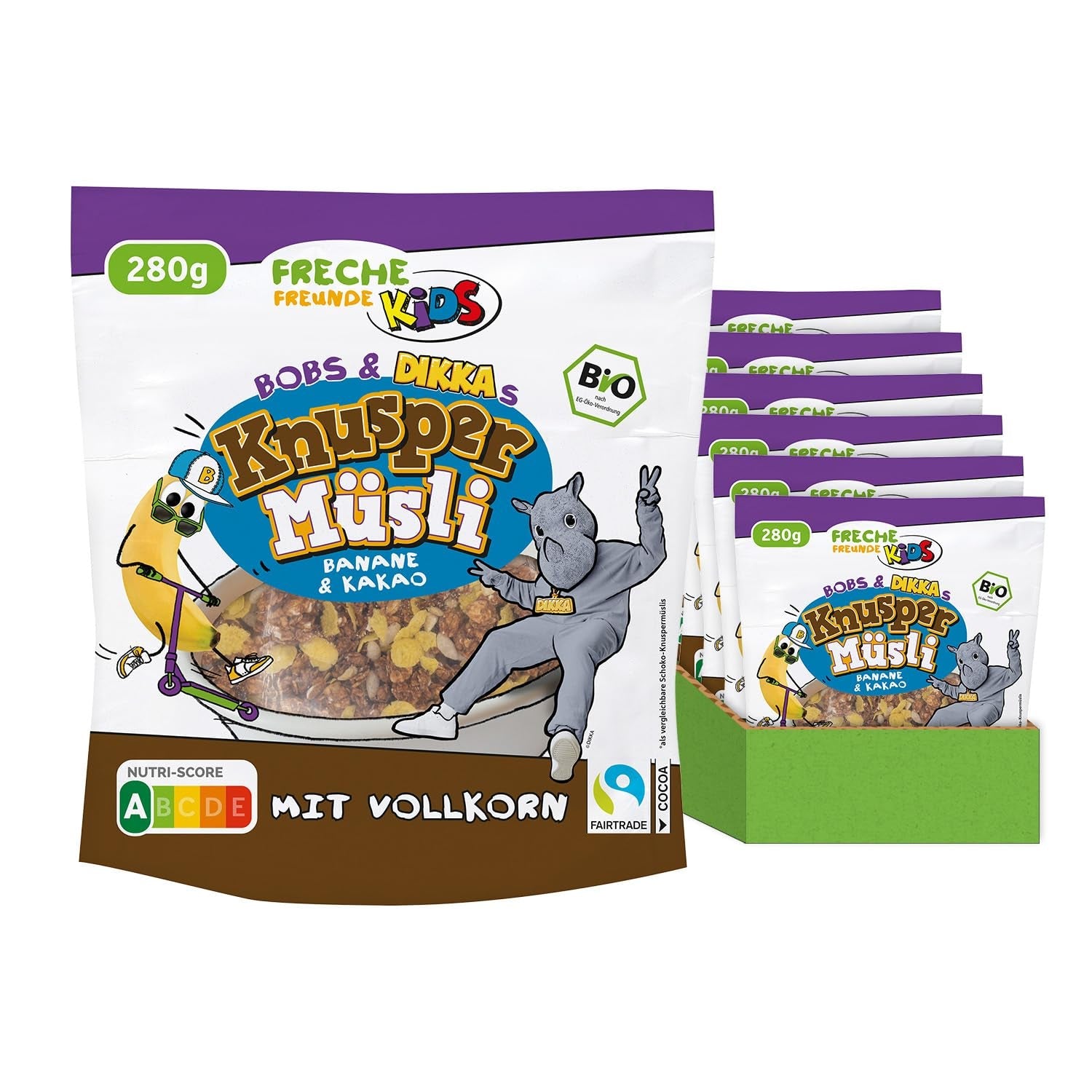 FRECHE FREUNDE KIDS, Bobs & DIKKAs Křupavé banánové kakaové müsli, křupavé čokoládové müsli pro děti, nízký obsah cukru, bez přísad, 100% vegan, 6 kusů (6 x 280 g)