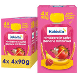 Sáčky s ovocem, malinou, jablkem, banánem a špaldou - 16 kusů (balení po 4 kusech, 4 x 90 g), bez přidaného cukru, vyrobené z měkkého ovoce a zdravých obilovin, ideální pro svačiny s sebou a vlastní spotřebu