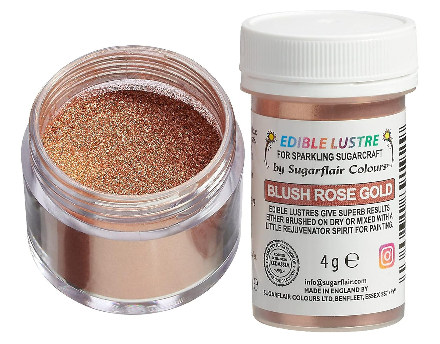 Jedlé potravinářské barvivo Sugarflair Luster Blush Rose Gold – jedlý prášek s leskem na dorty, muffiny, čokoládu, pečivo, zákusky, zmrzlinu, nápoje, koktejly a další – 4 g