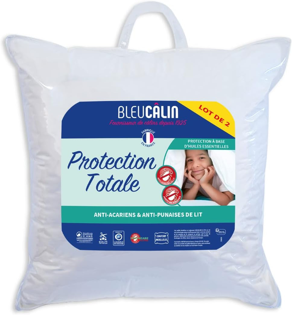 Bleu Câlin sada 2 polštářů proti roztočům, proti hmyzu, nadýchaný komfort, 60 X 60 Cm, potah z mikrovlákna, plná ochrana, bílé standardní polštáře Naty Shop