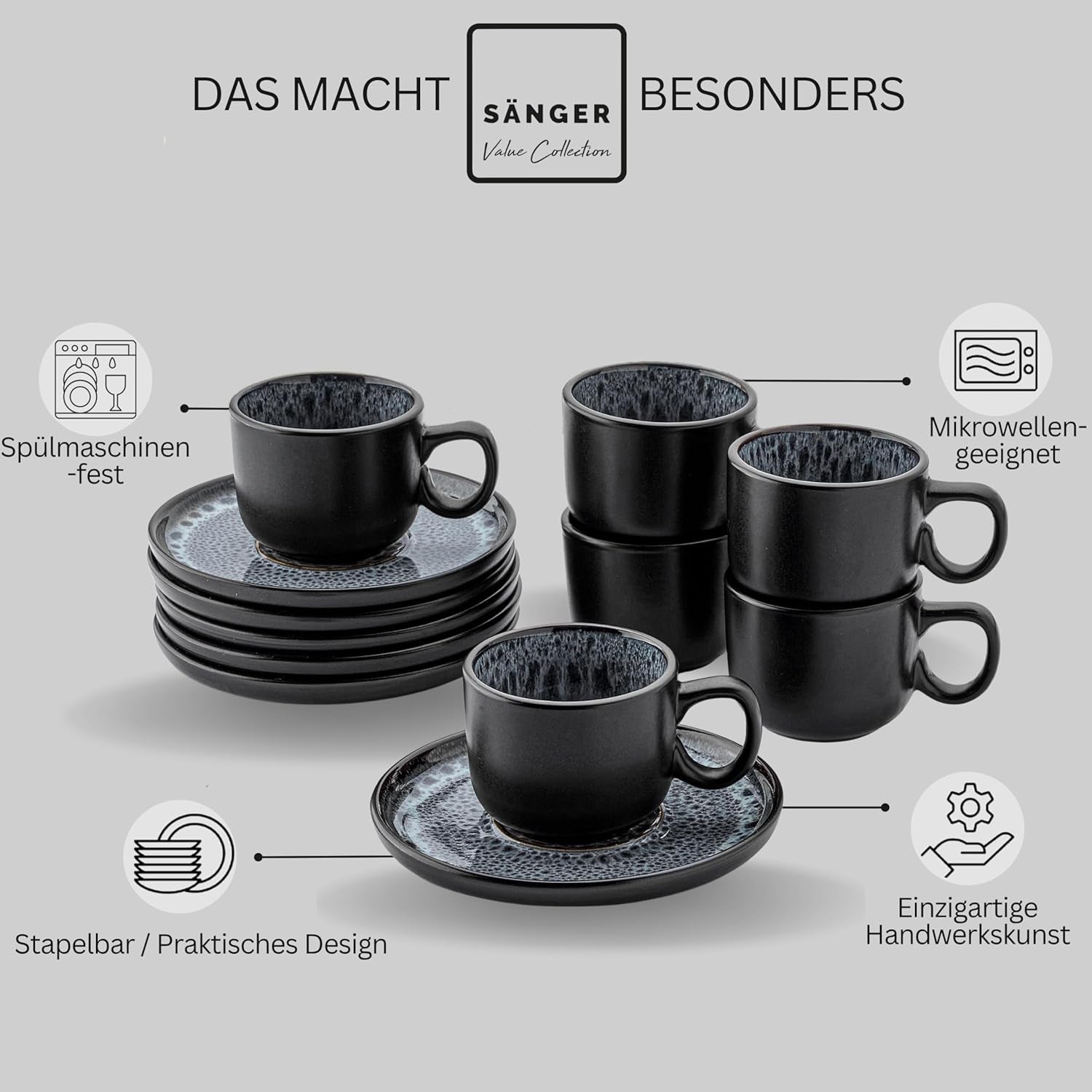 SANGER Sydney | Keramický šálek na espresso sada 12 ks, sada mocha šálků pro 6 ks, šálky a podšálky, vhodné do myčky a mikrovlnné trouby, tmavě šedá, 80 ml | SBÍRKA HODNOT