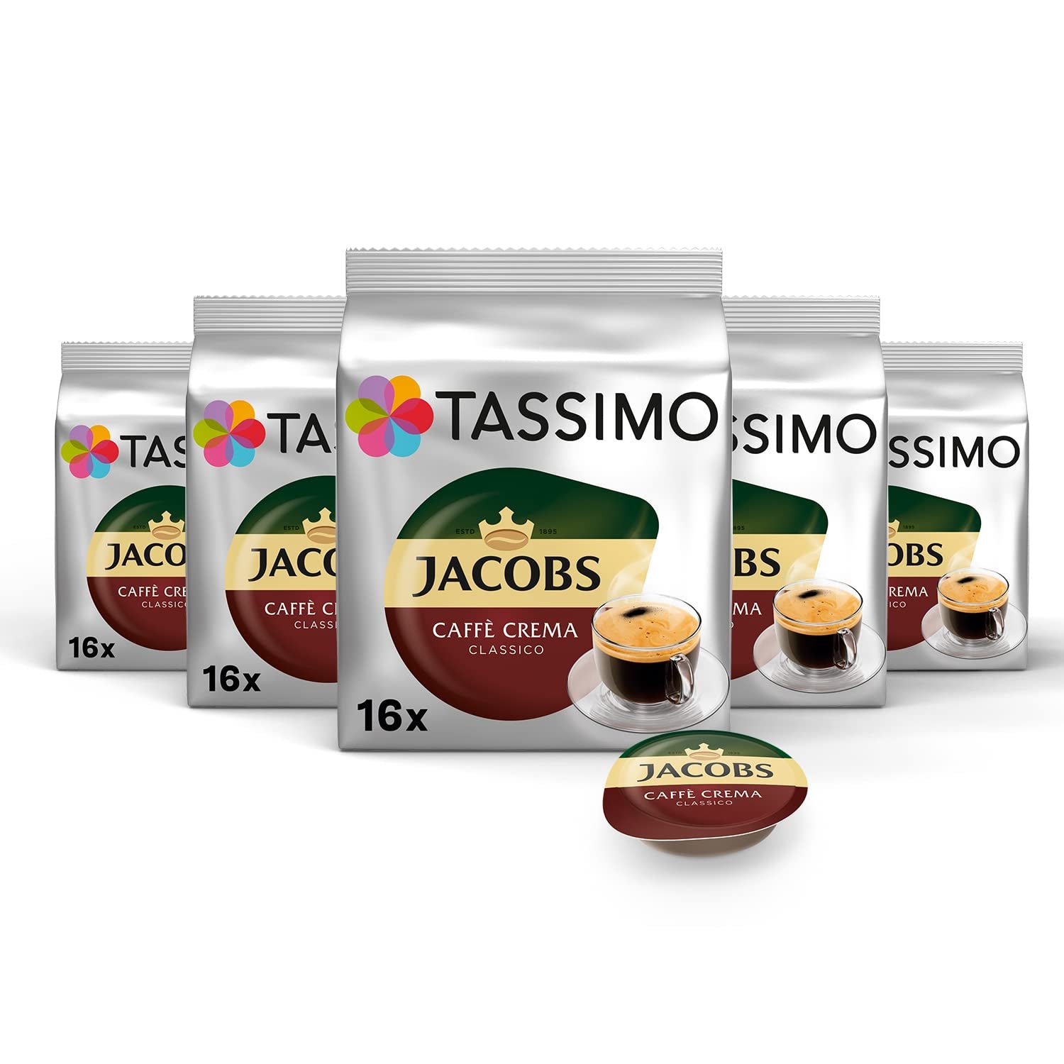 Tassimo Kapseln Jacobs Caffè Crema Classico, 5 x 16 polštářků, 80 kávových kapslí