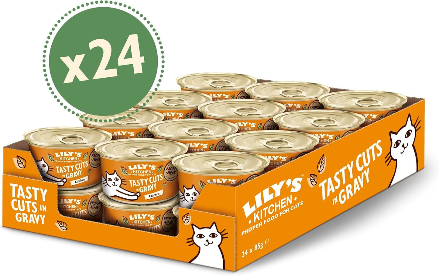 Přírodní mokré krmivo Lily's Kitchen pro dospělé kočky, konzervované, chutné kousky v kuřecí omáčce, receptura bez obilovin (24 táců x 85 g)