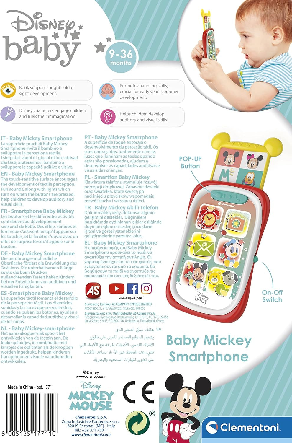 Clementoni 17711 Disney Baby Baby Mickey chytrý telefon, dětský mobilní telefon se světelnými a zvukovými efekty, interaktivní hračka pro děti 9-36 měsíců, M, vícebarevné Bebe Toys Naty Shop