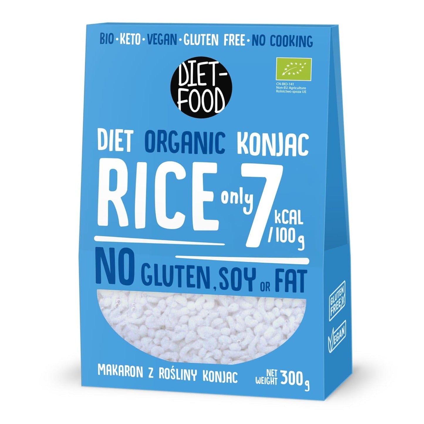 DIETNÍ JÍDLO Organické Shirataki Konjac instantní rýže, Nízkosacharidové, Nízkokalorické, Veganské, Bez tuku, Bez sóji, Bez lepku, Keto Friendly, Hubnutí, 300 gramů