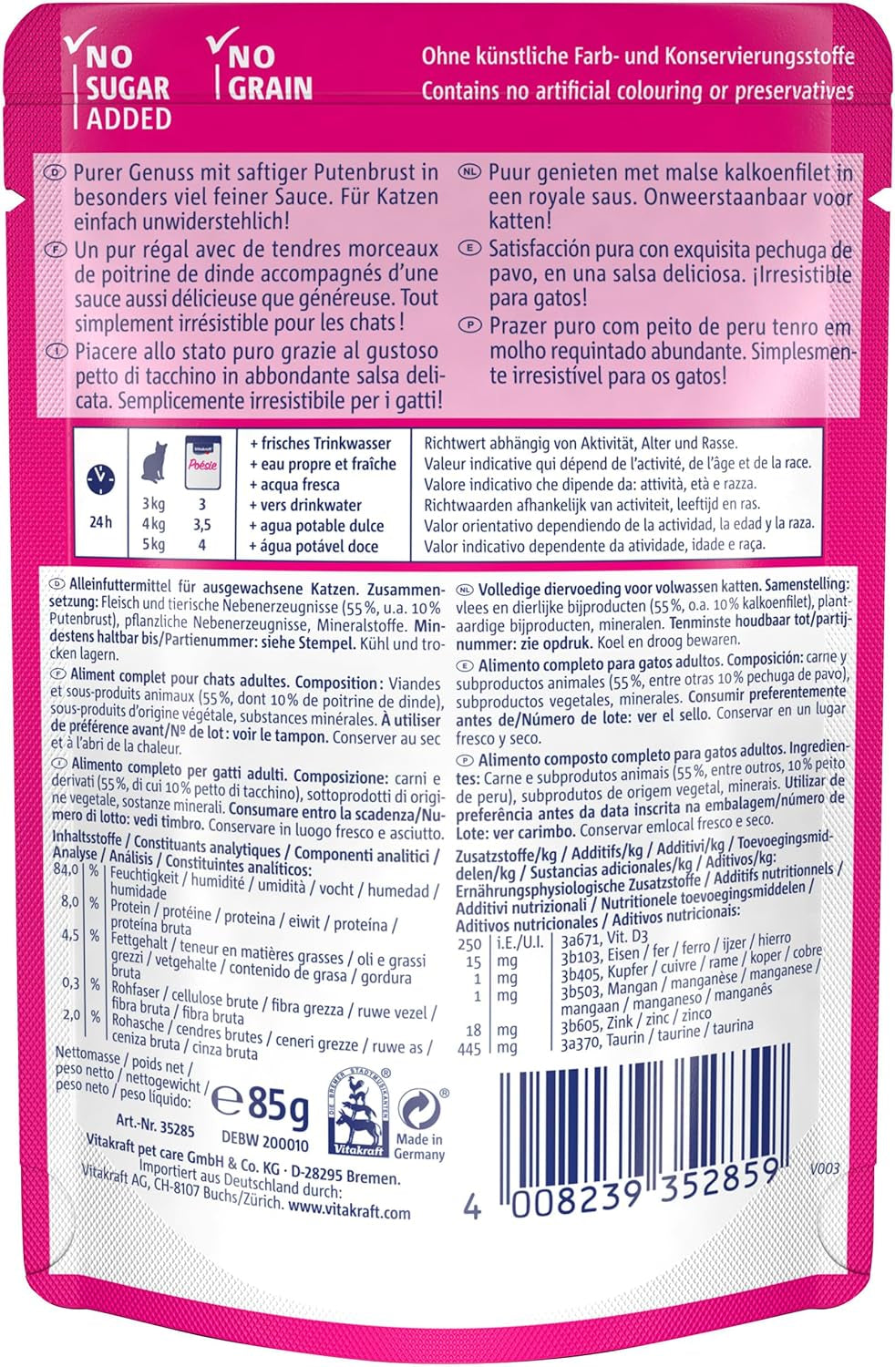 Vitakraft Poésie Délice, mokré krmivo pro kočky, krmivo pro kočky v omáčce, s krůtím masem, hromadné balení, bez přidaného cukru nebo obilovin (23 x 85 g)