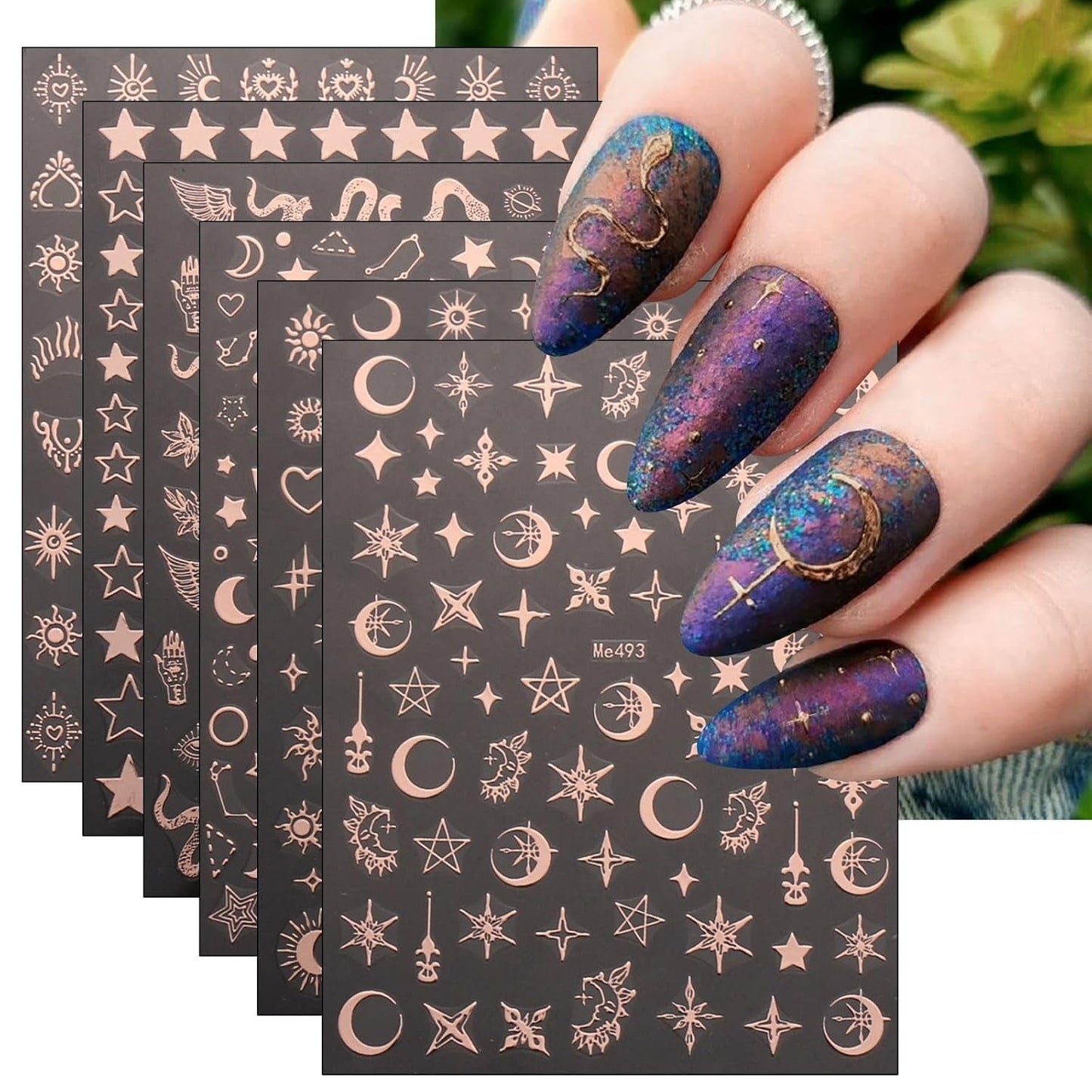 JMEOWIO Nálepka na nehty Mond Stern 10 Blatt Nálepka na nehty Selbstklebend Nagelaufkleber Růžové zlato Dekoration Nageldesign Zubehör